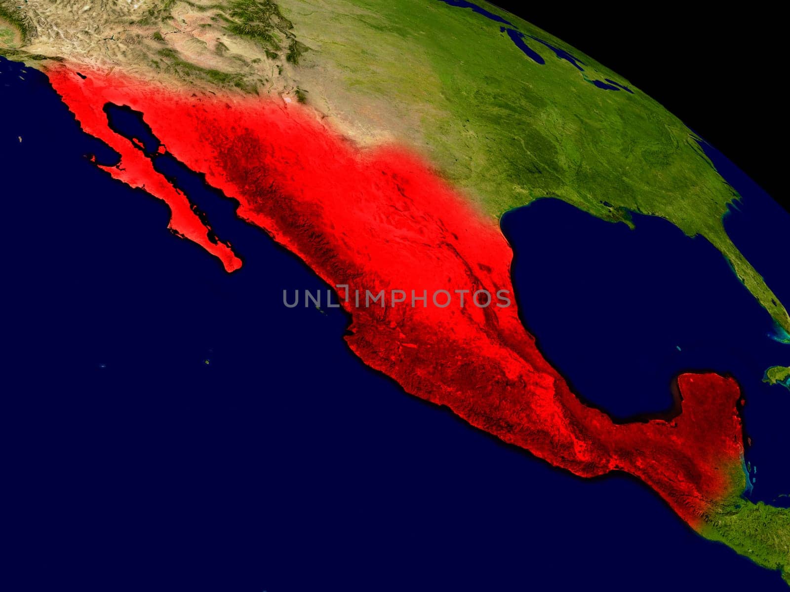 Mexico from space in red. 3D illustration with highly detailed realistic planet surface. Elements of this image furnished by NASA.