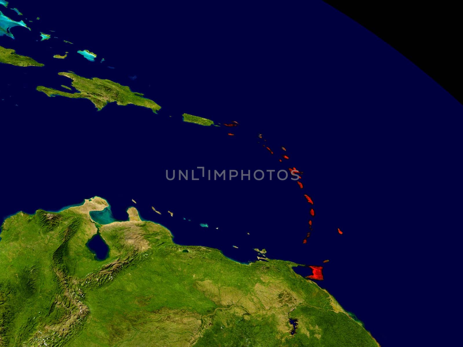 Caribbean from space in red. 3D illustration with highly detailed realistic planet surface. Elements of this image furnished by NASA.
