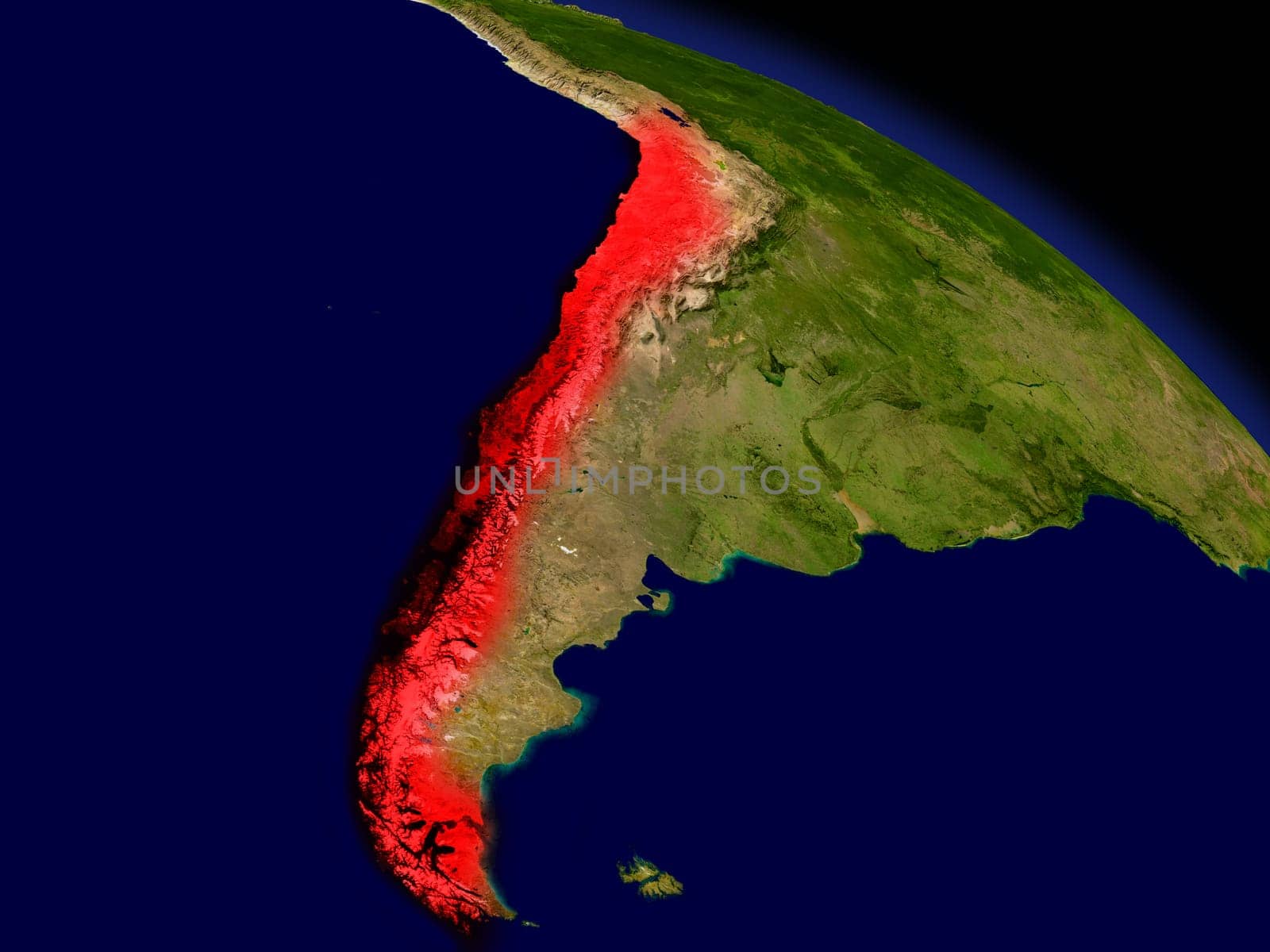Chile from space in red. 3D illustration with highly detailed realistic planet surface. Elements of this image furnished by NASA.