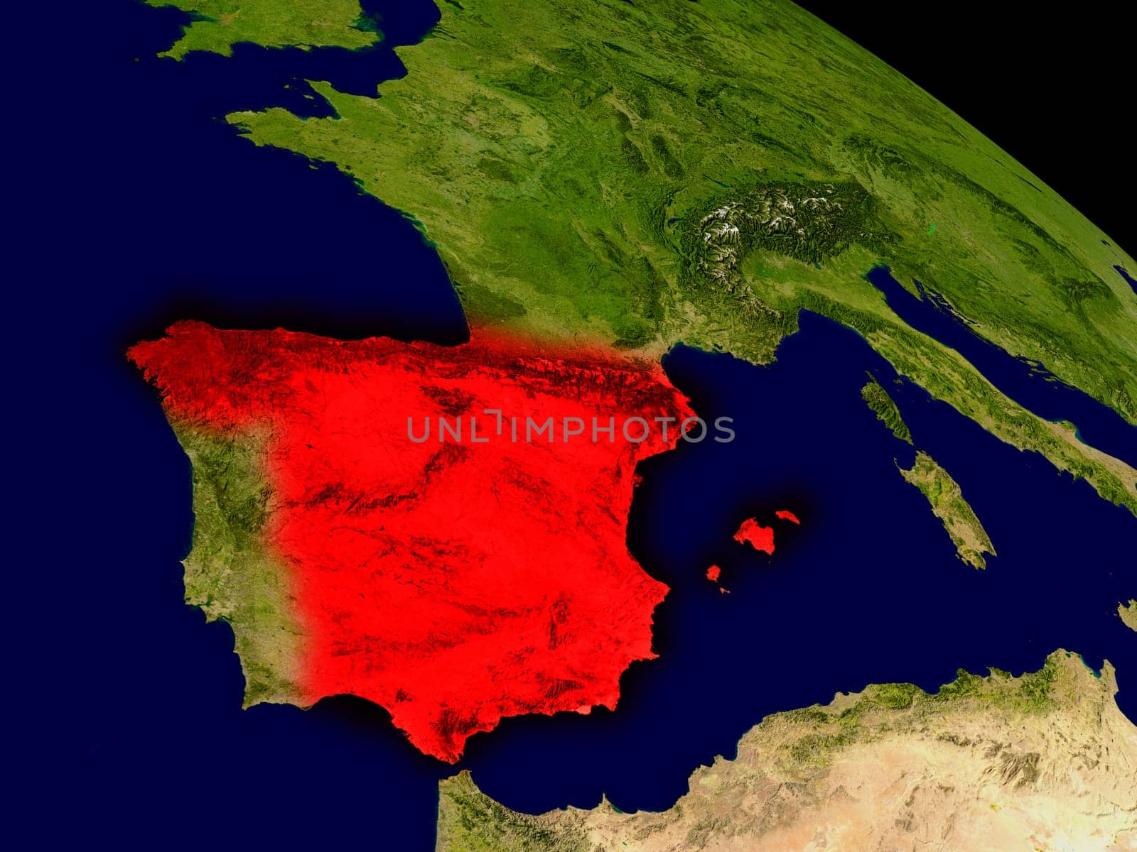 Spain from space in red. 3D illustration with highly detailed realistic planet surface. Elements of this image furnished by NASA.