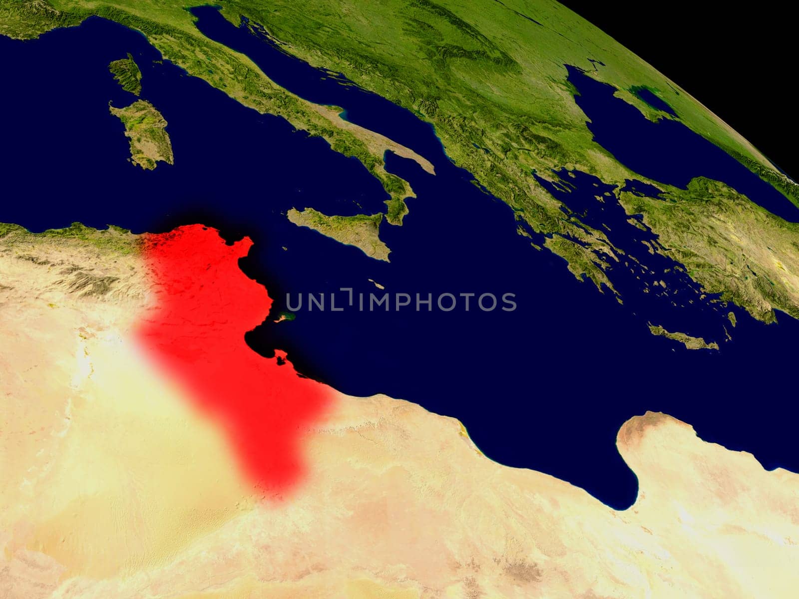 Tunisia from space in red. 3D illustration with highly detailed realistic planet surface. Elements of this image furnished by NASA.