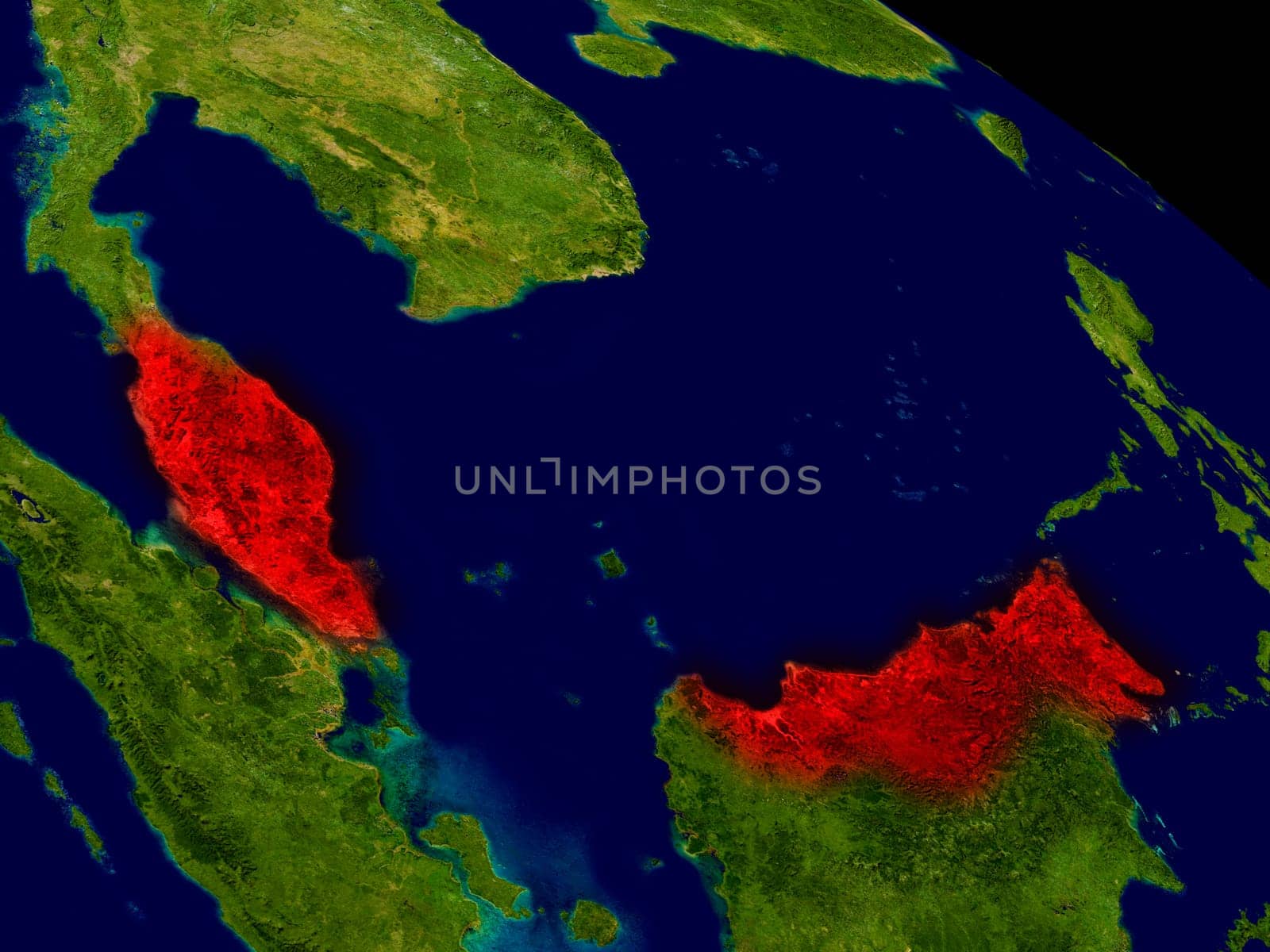 Malaysia from space in red. 3D illustration with highly detailed realistic planet surface. Elements of this image furnished by NASA.