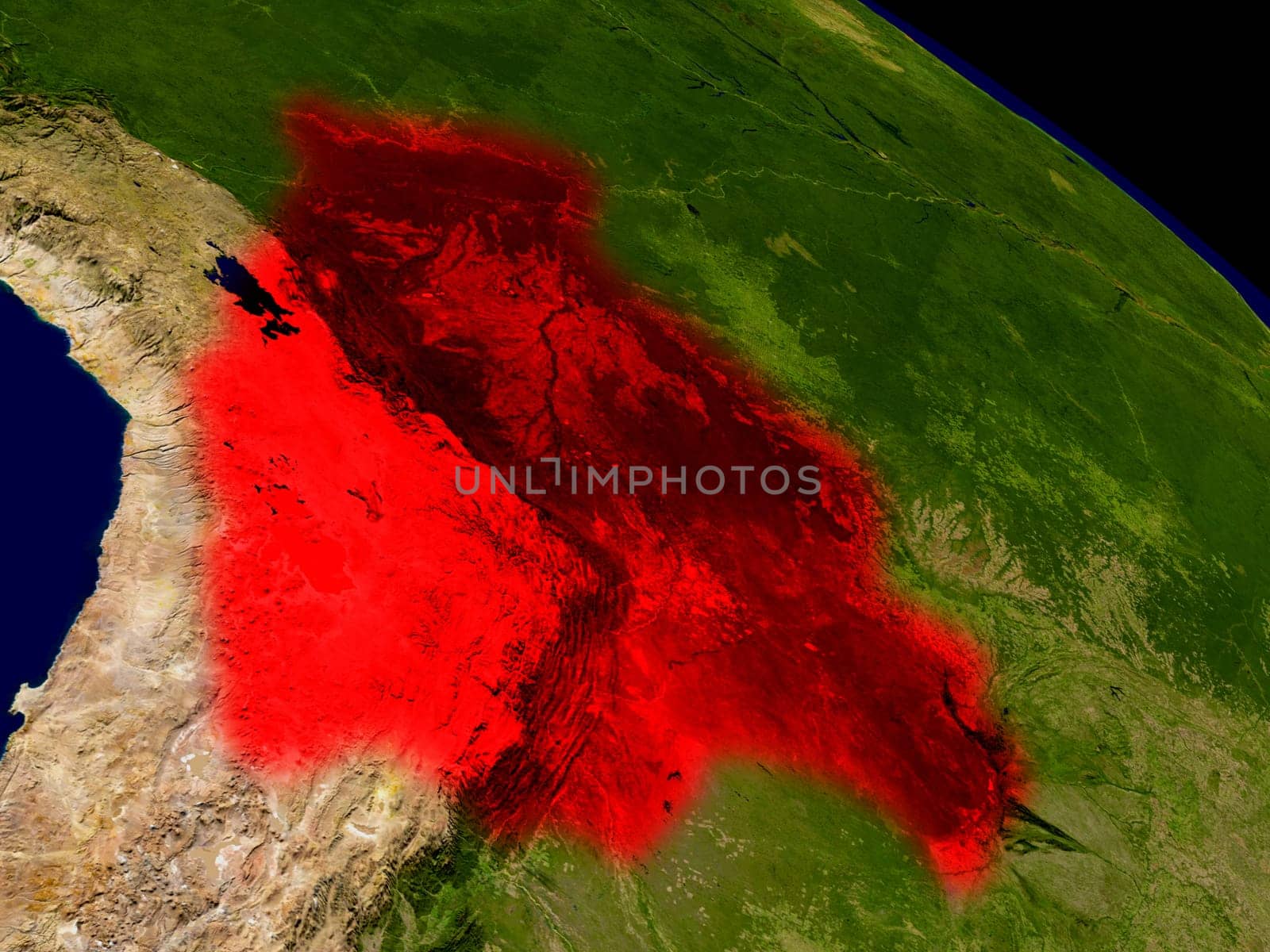 Bolivia from space in red. 3D illustration with highly detailed realistic planet surface. Elements of this image furnished by NASA.