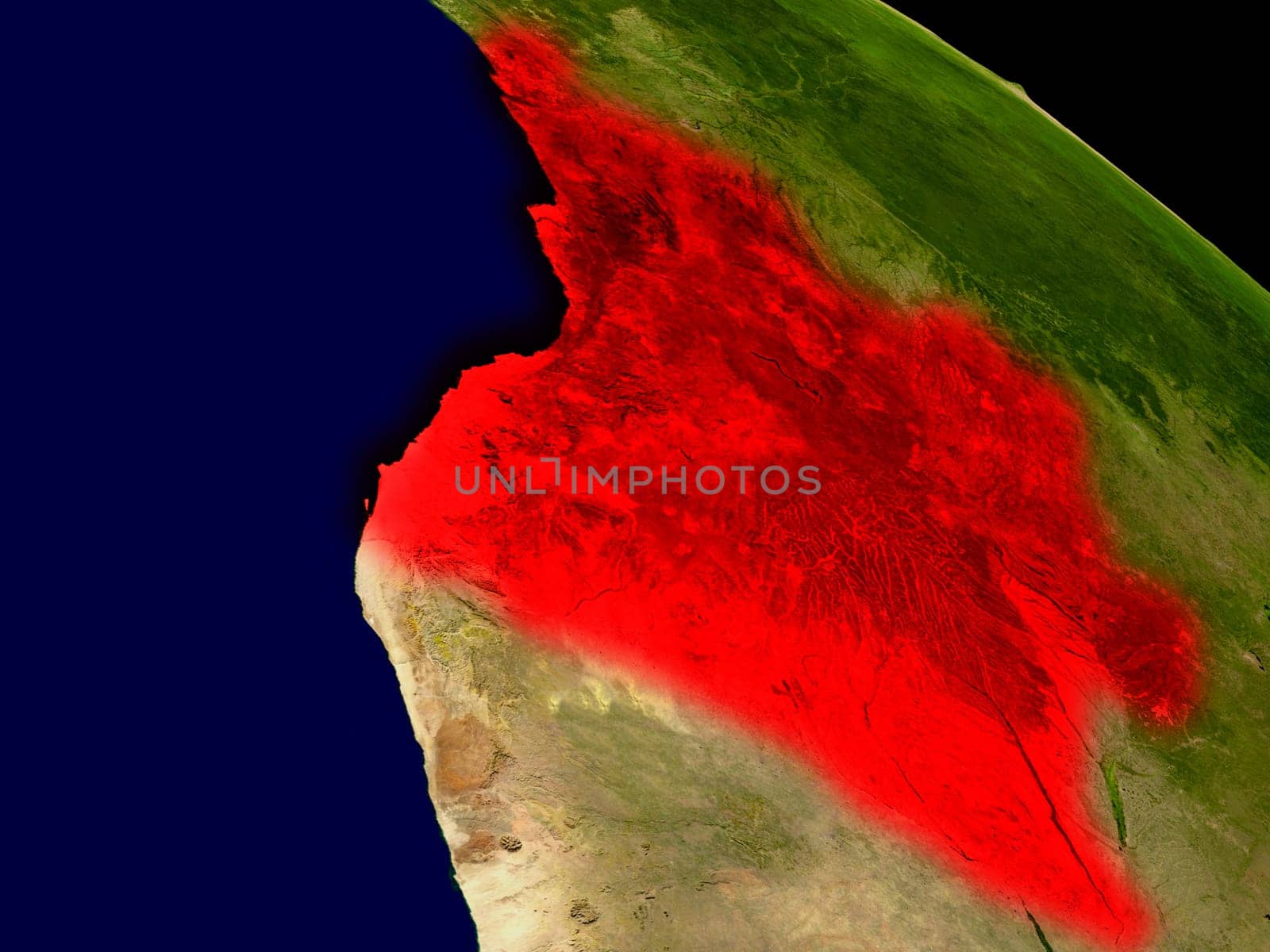 Angola from space in red. 3D illustration with highly detailed realistic planet surface. Elements of this image furnished by NASA.