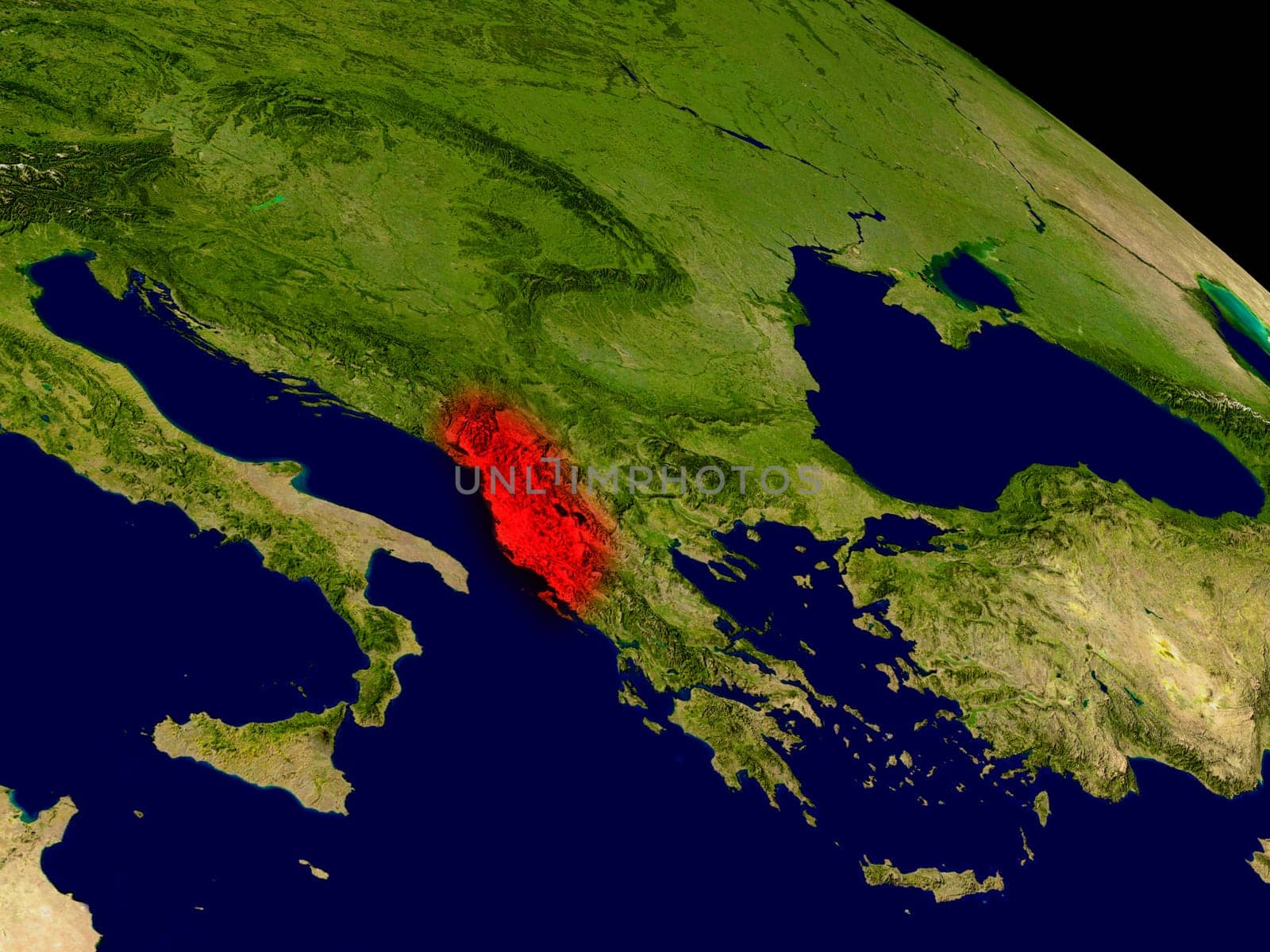 Albania from space in red. 3D illustration with highly detailed realistic planet surface. Elements of this image furnished by NASA.