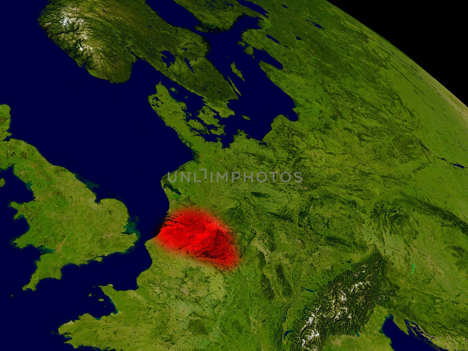 Belgium from space in red. 3D illustration with highly detailed realistic planet surface. Elements of this image furnished by NASA.
