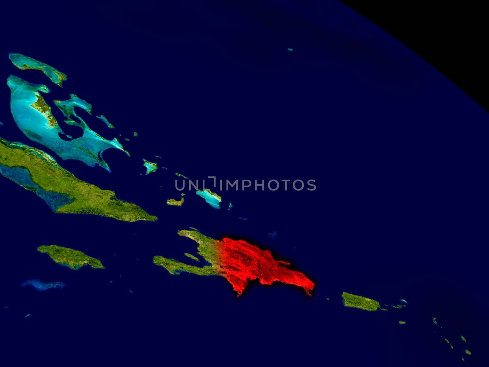 Dominican Republic from space in red. 3D illustration with highly detailed realistic planet surface. Elements of this image furnished by NASA.