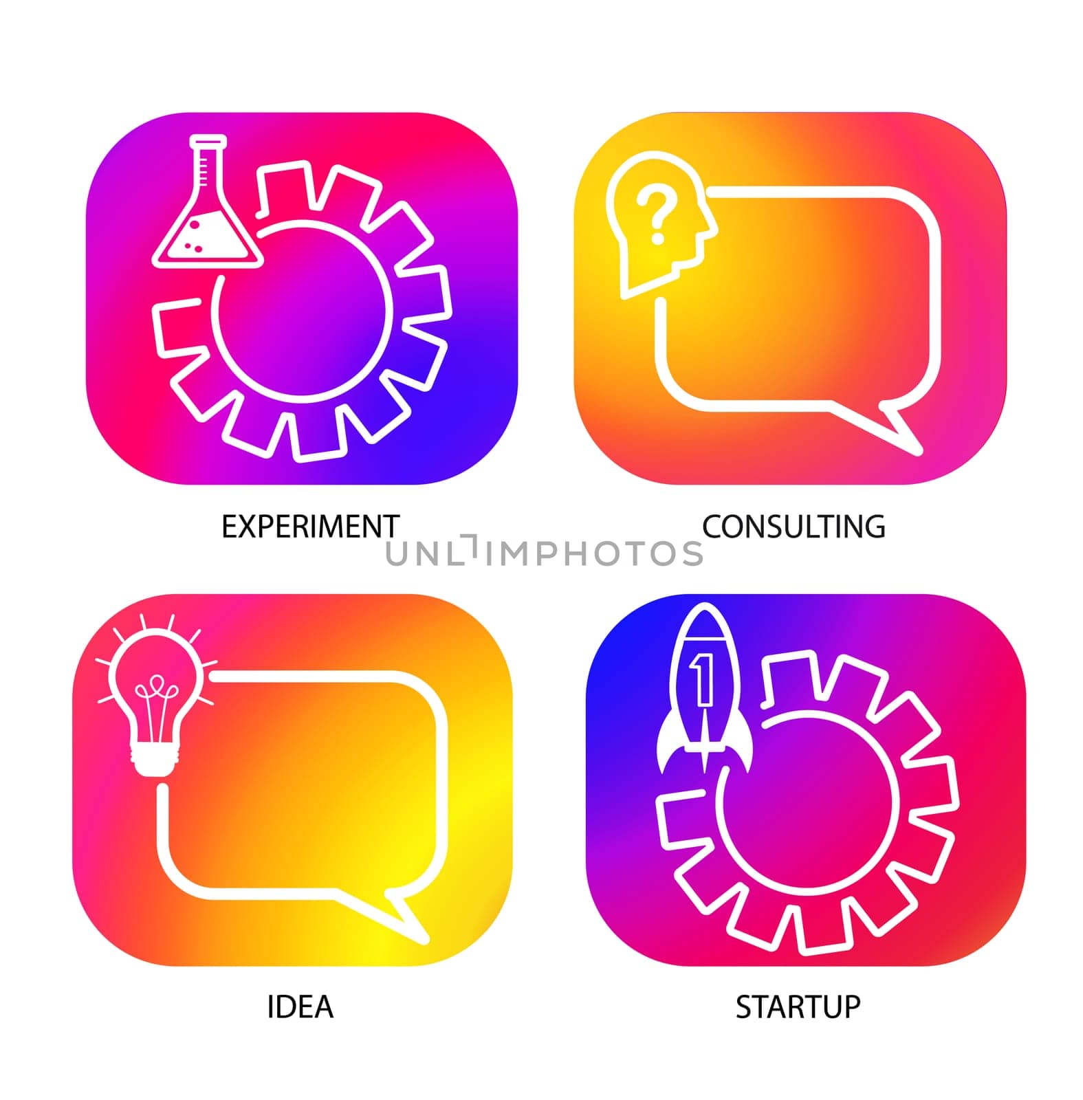 Smooth color gradient icon template set with business logo set. Start up, Idea,experiment, consulting concepts. Vector illustration.