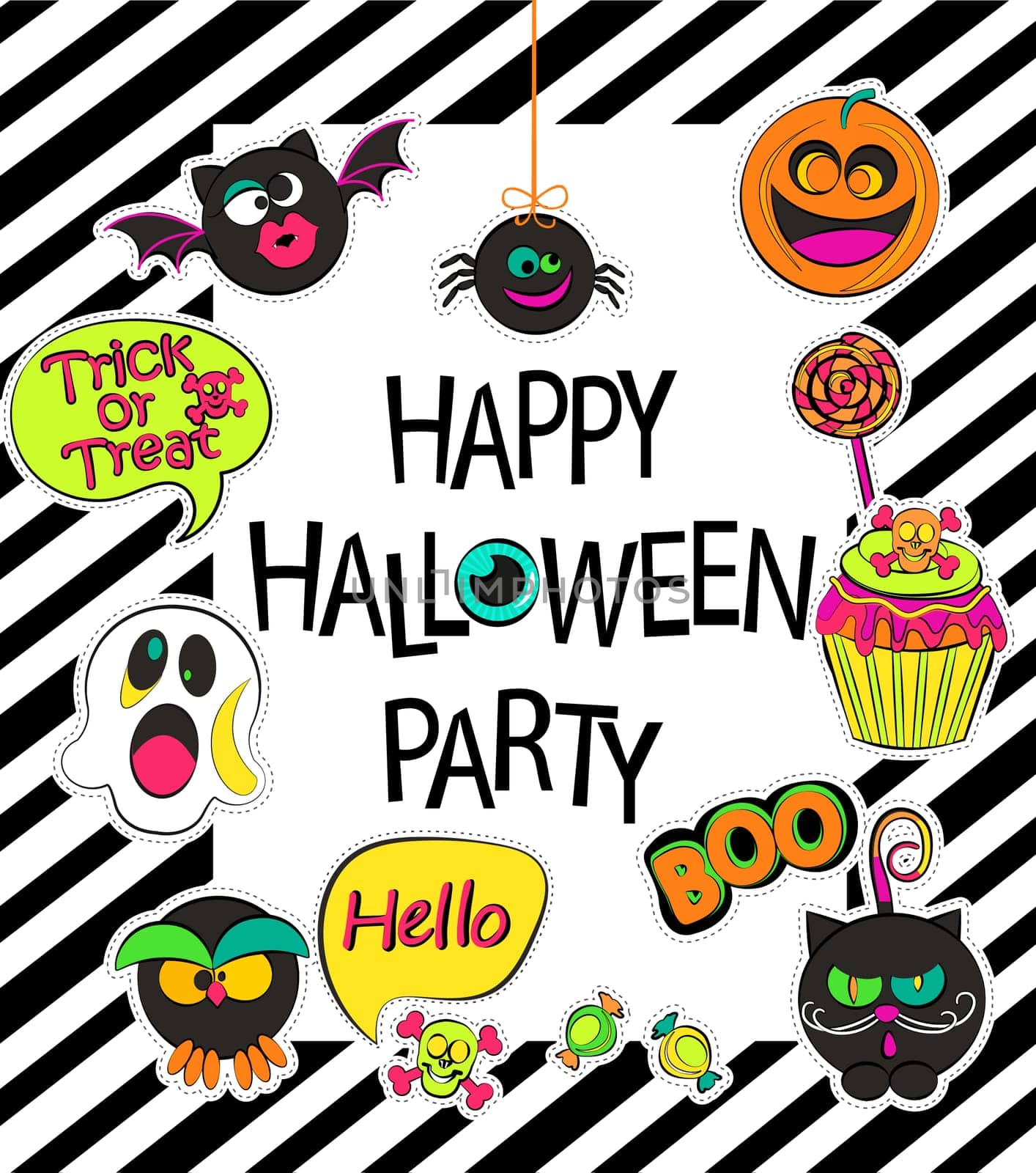 Set of stylish halloween card, sticers, poster, icons, patches in comic cartoon style on geometric background. Happy halloween party - lettering. Vector illustration.
