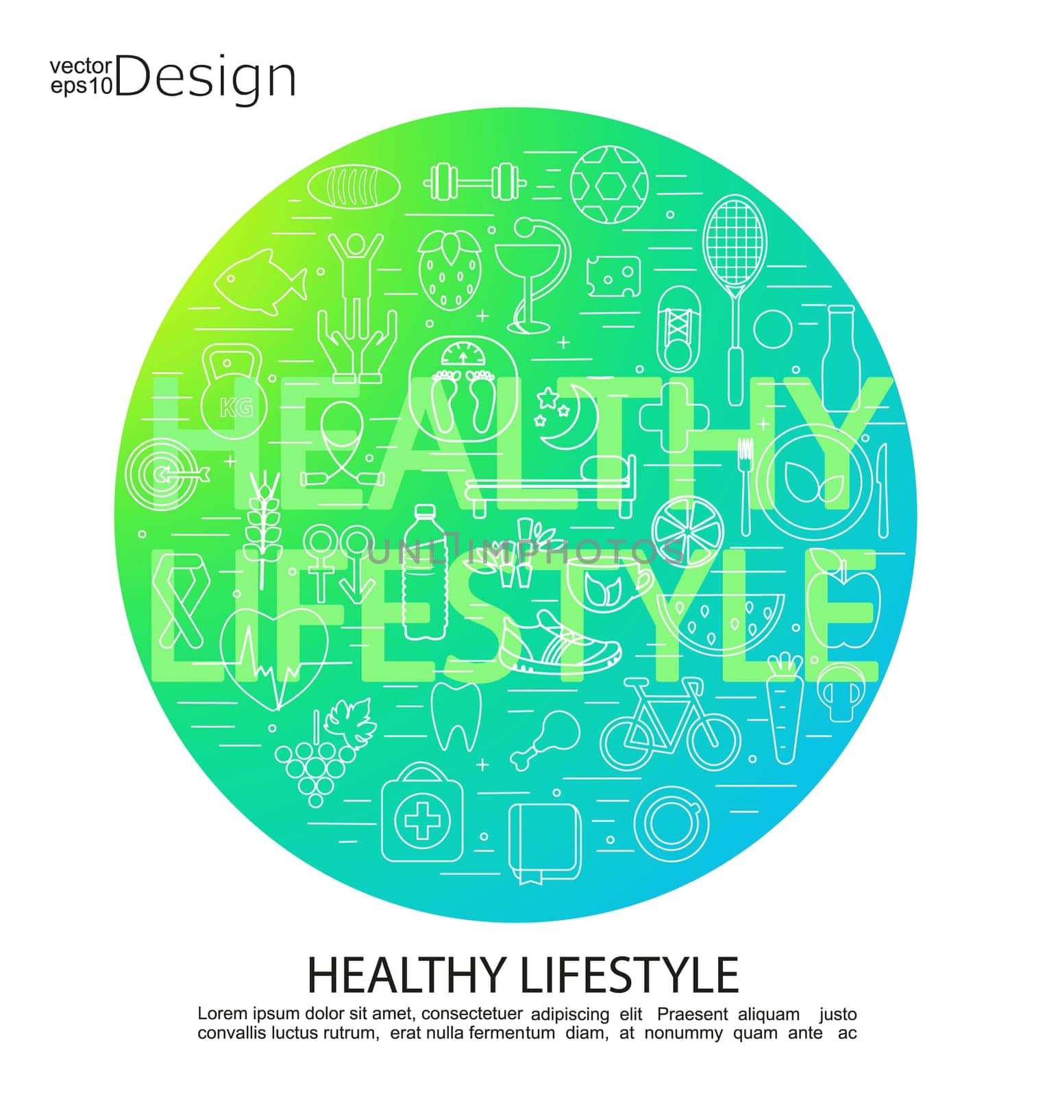 Smooth color gradient circle frame with food, sport, medical linear icons. Healthy lifestyle concept. Vector illustration.