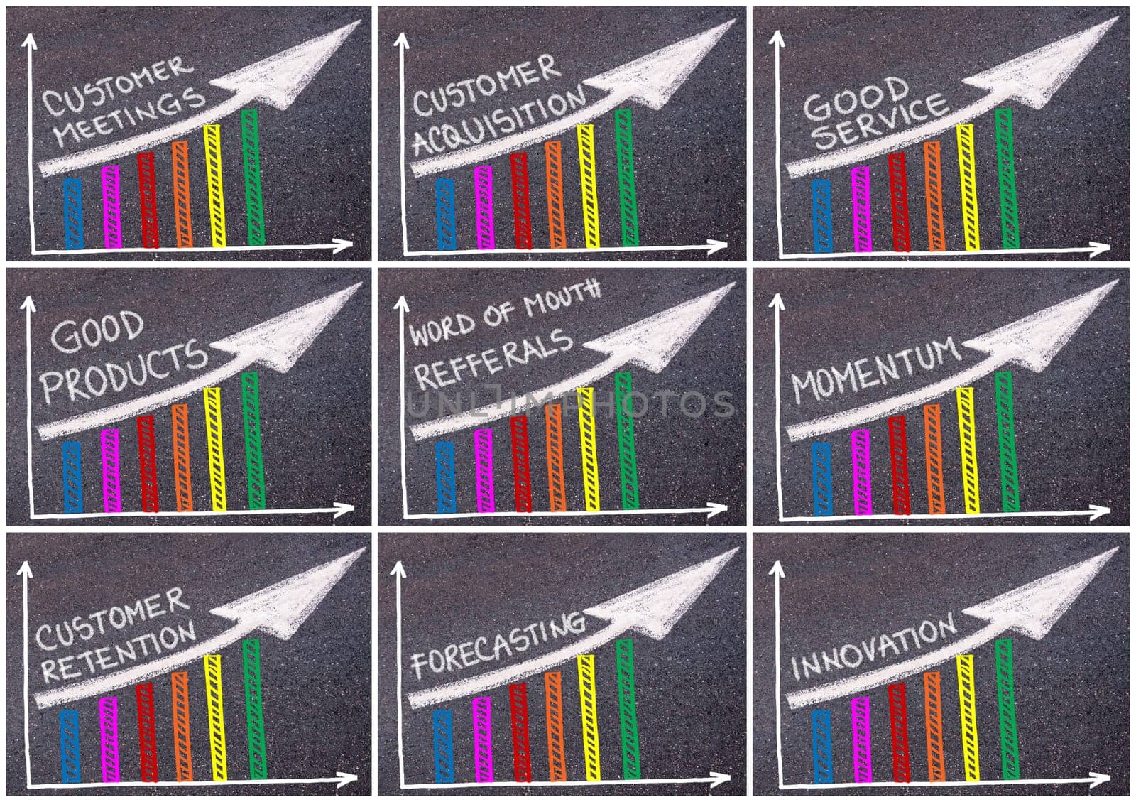 Photo collage of various business messages written over colorful graph and rising arrow, business marketing and creativity concept