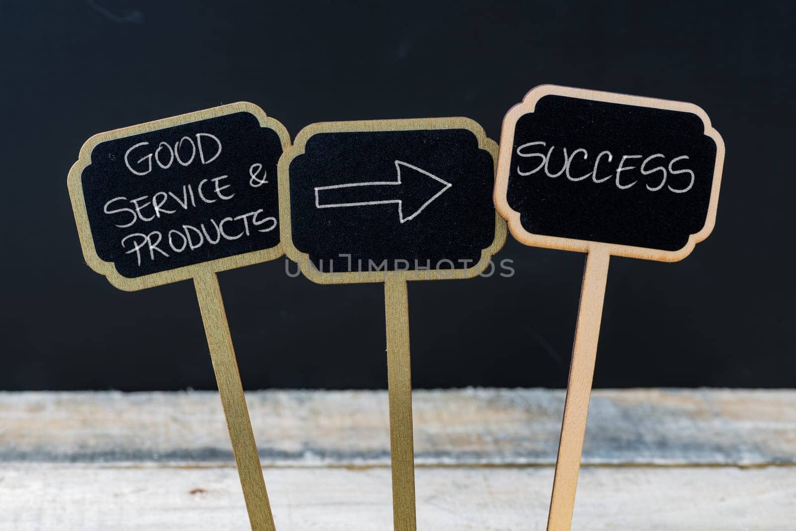 Business message GOOD SERVICE AND PRODUCTS LEAD TO SUCCESS written with chalk on wooden mini blackboard labels, defocused chalkboard and wood table in background