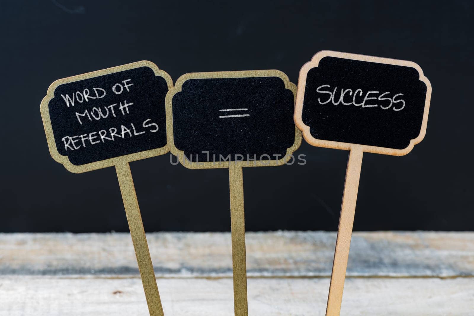 Business message WORD OF MOUTH REFERRALS EQUALS SUCCESS written with chalk on wooden mini blackboard labels, defocused chalkboard and wood table in background