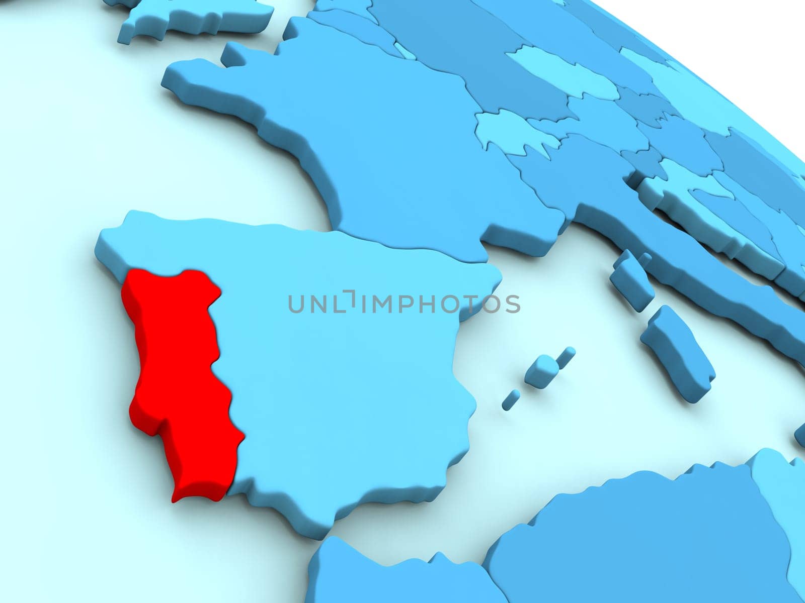 3D illustration of Portugal highlighted in red color on blue globe