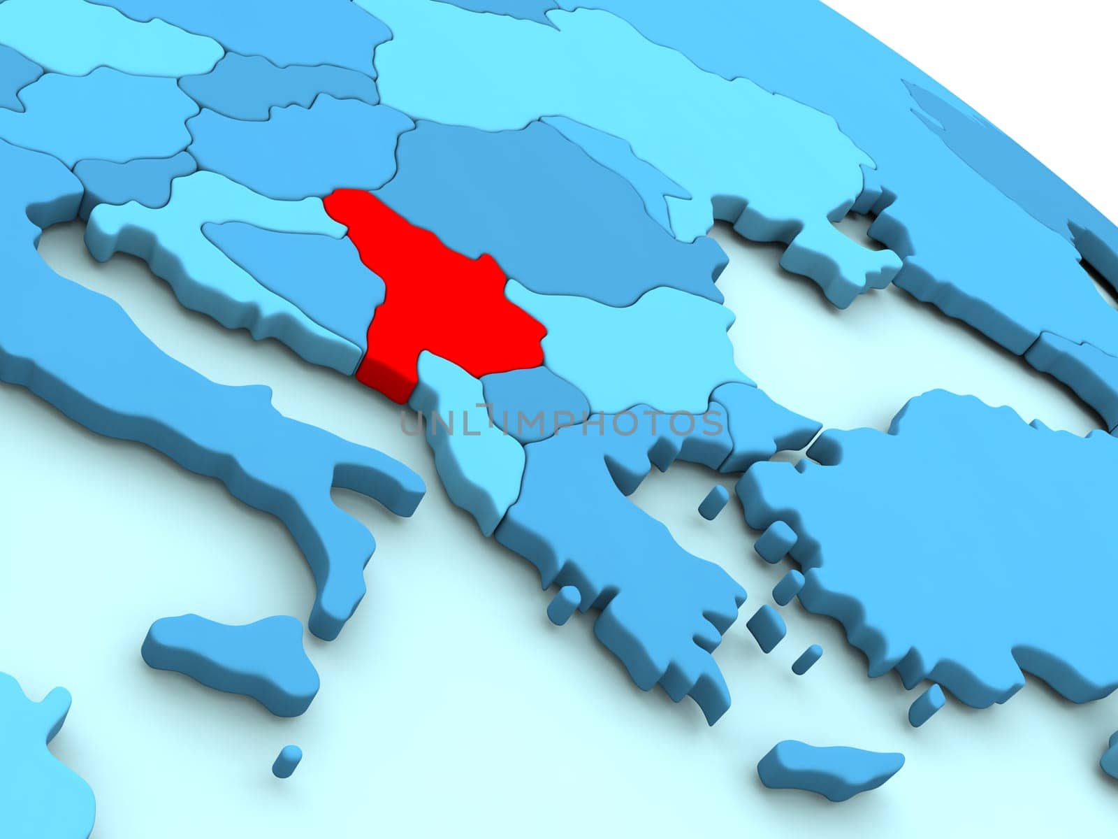 3D illustration of Serbia highlighted in red color on blue globe