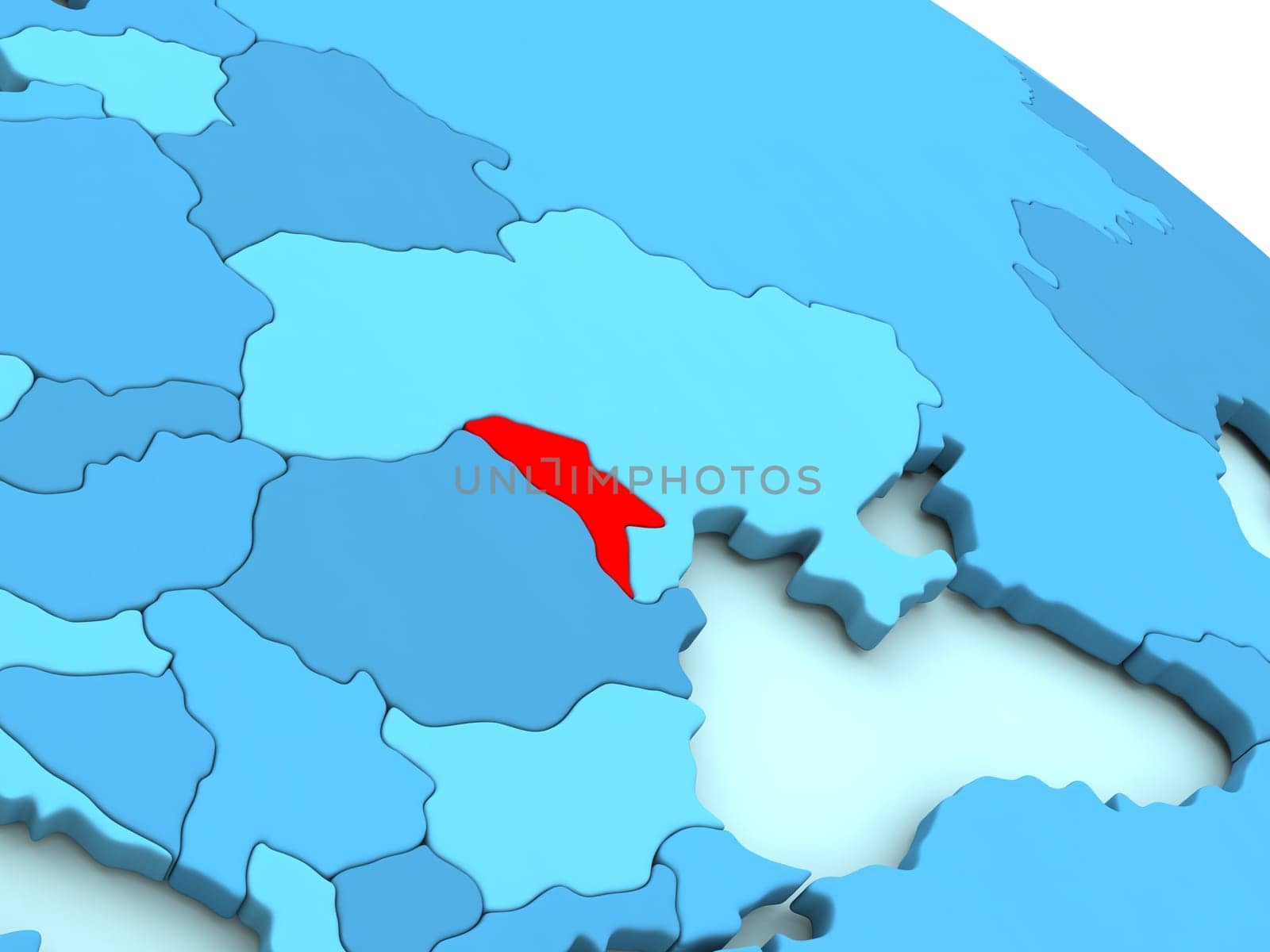3D illustration of Moldova highlighted in red color on blue globe