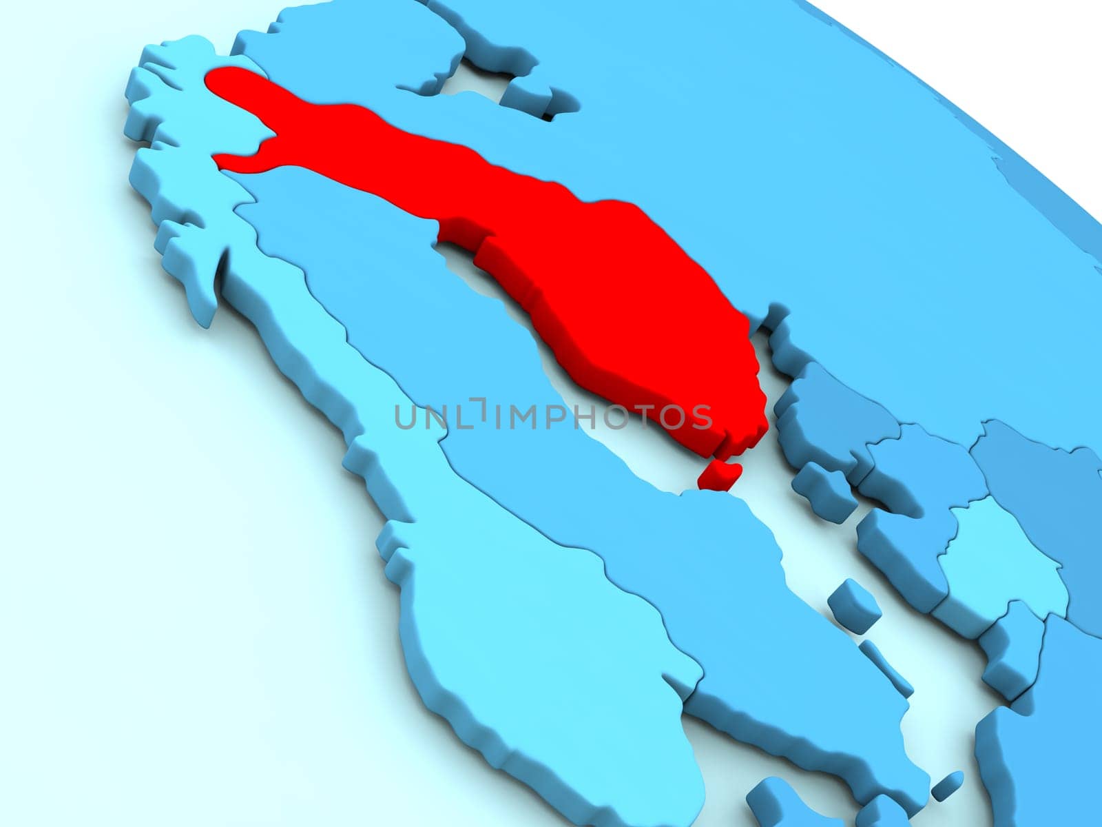3D illustration of Finland highlighted in red color on blue globe