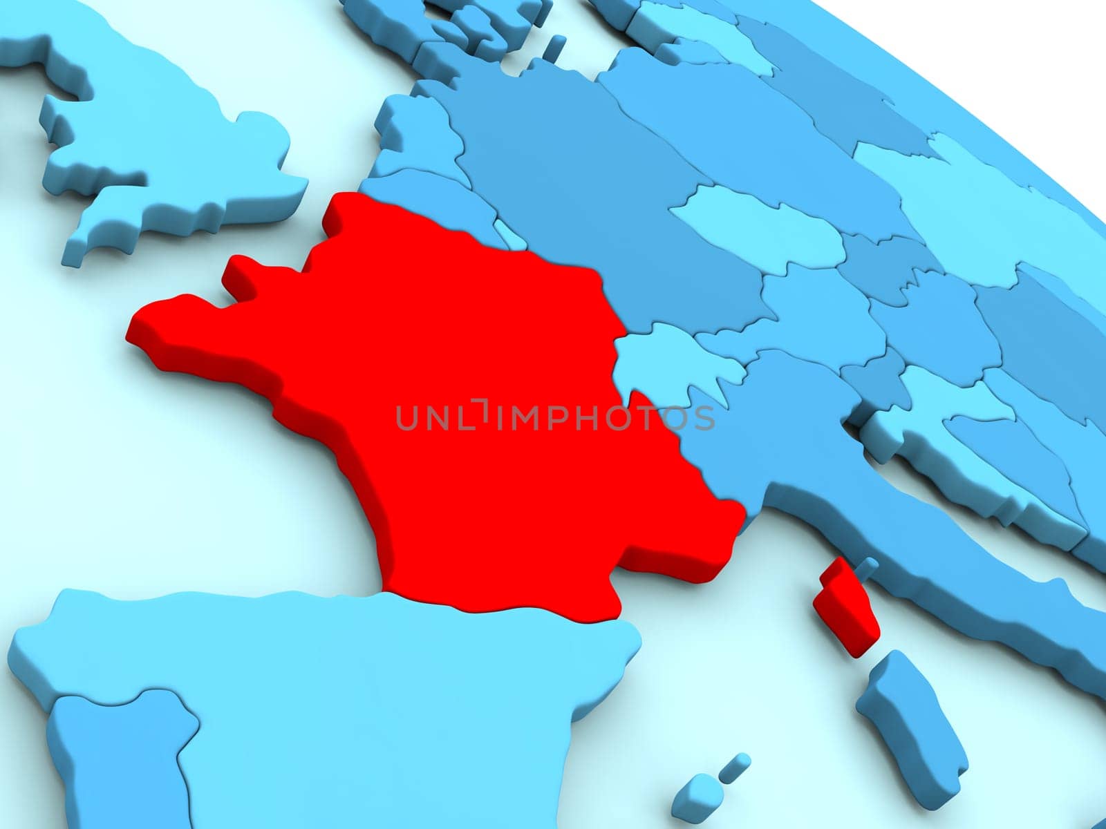 3D illustration of France highlighted in red color on blue globe