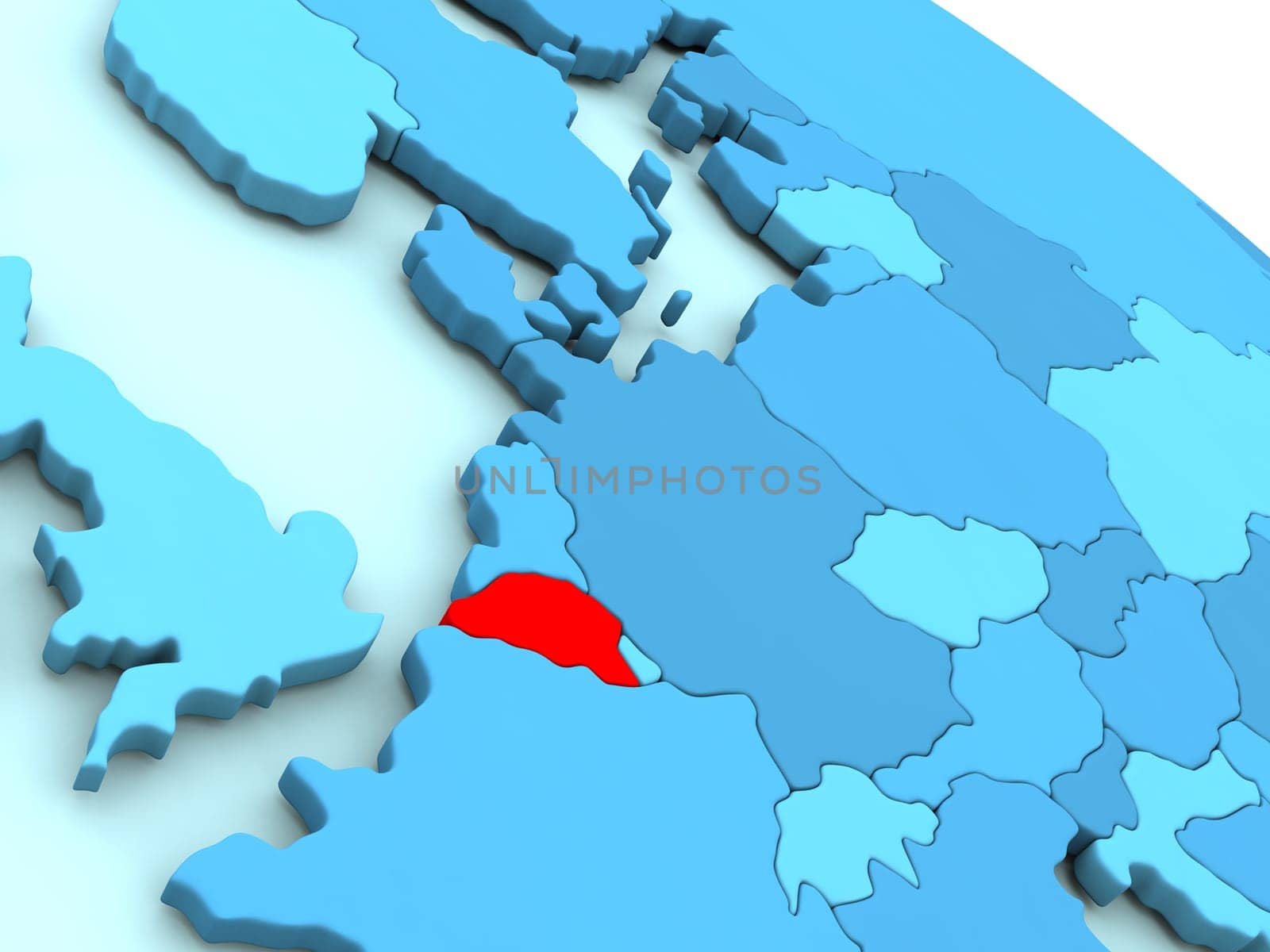 3D illustration of Belgium highlighted in red color on blue globe