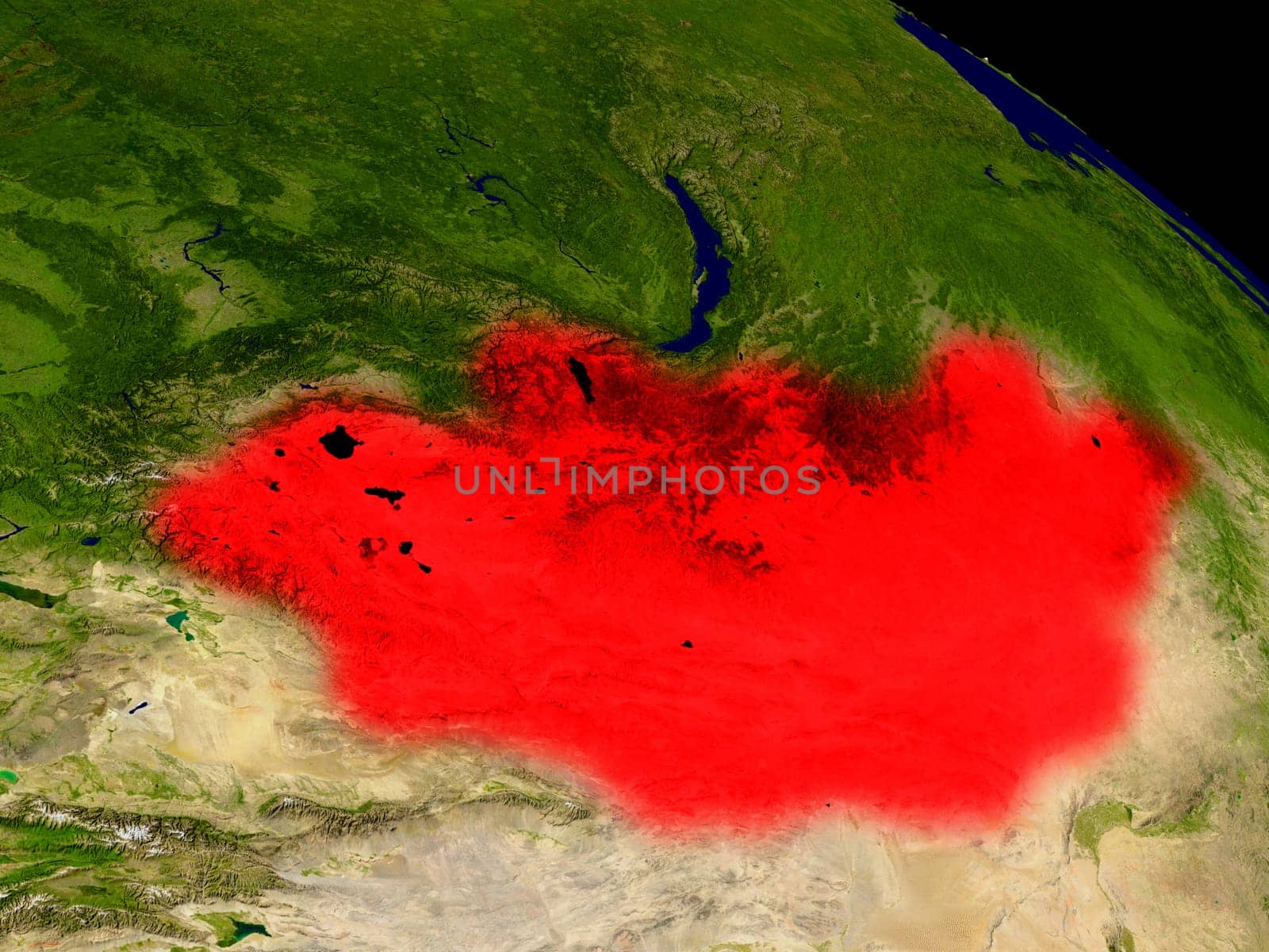 Mongolia from space in red. 3D illustration with highly detailed realistic planet surface. Elements of this image furnished by NASA.