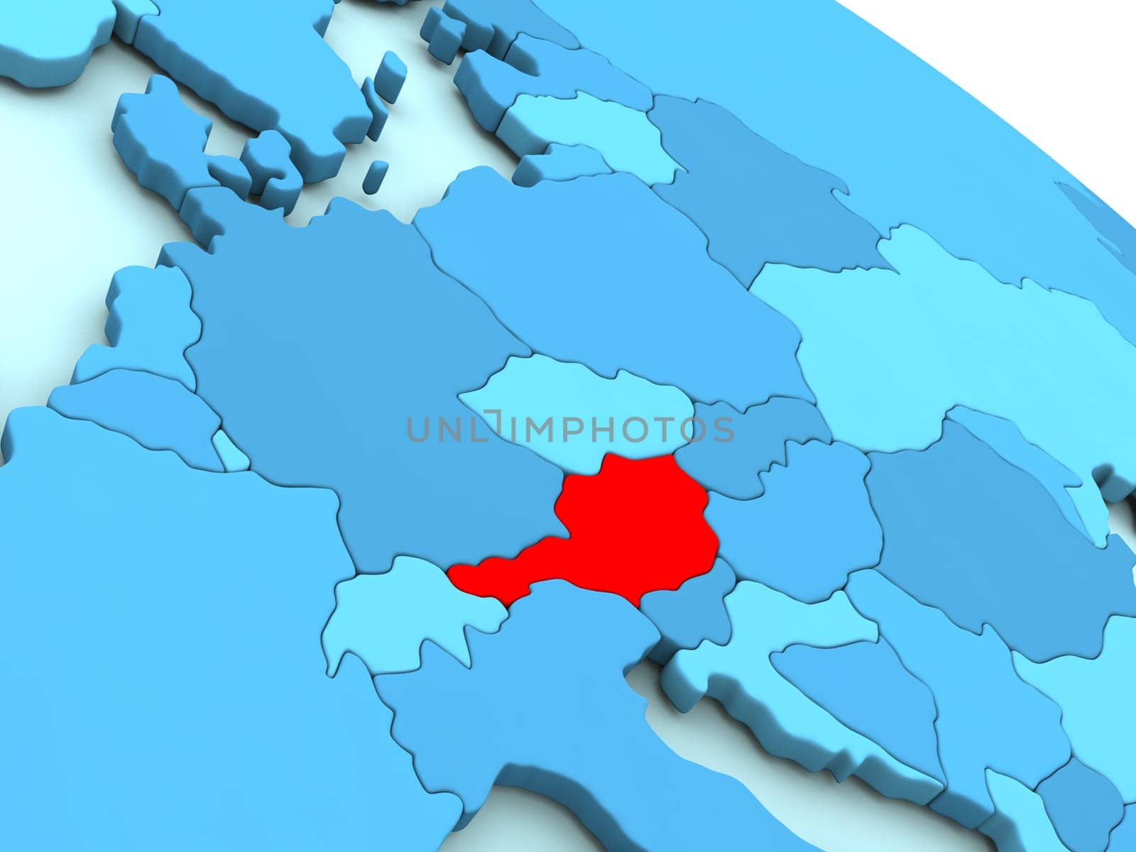 3D illustration of Austria highlighted in red color on blue globe