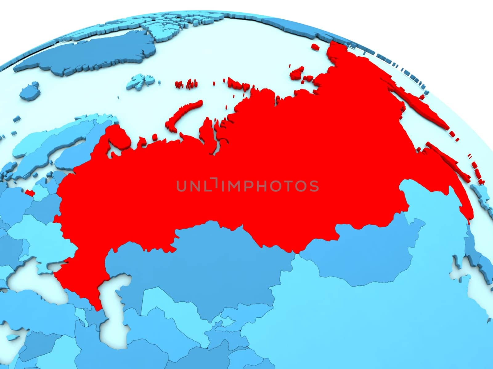 3D illustration of Russia highlighted in red color on blue globe