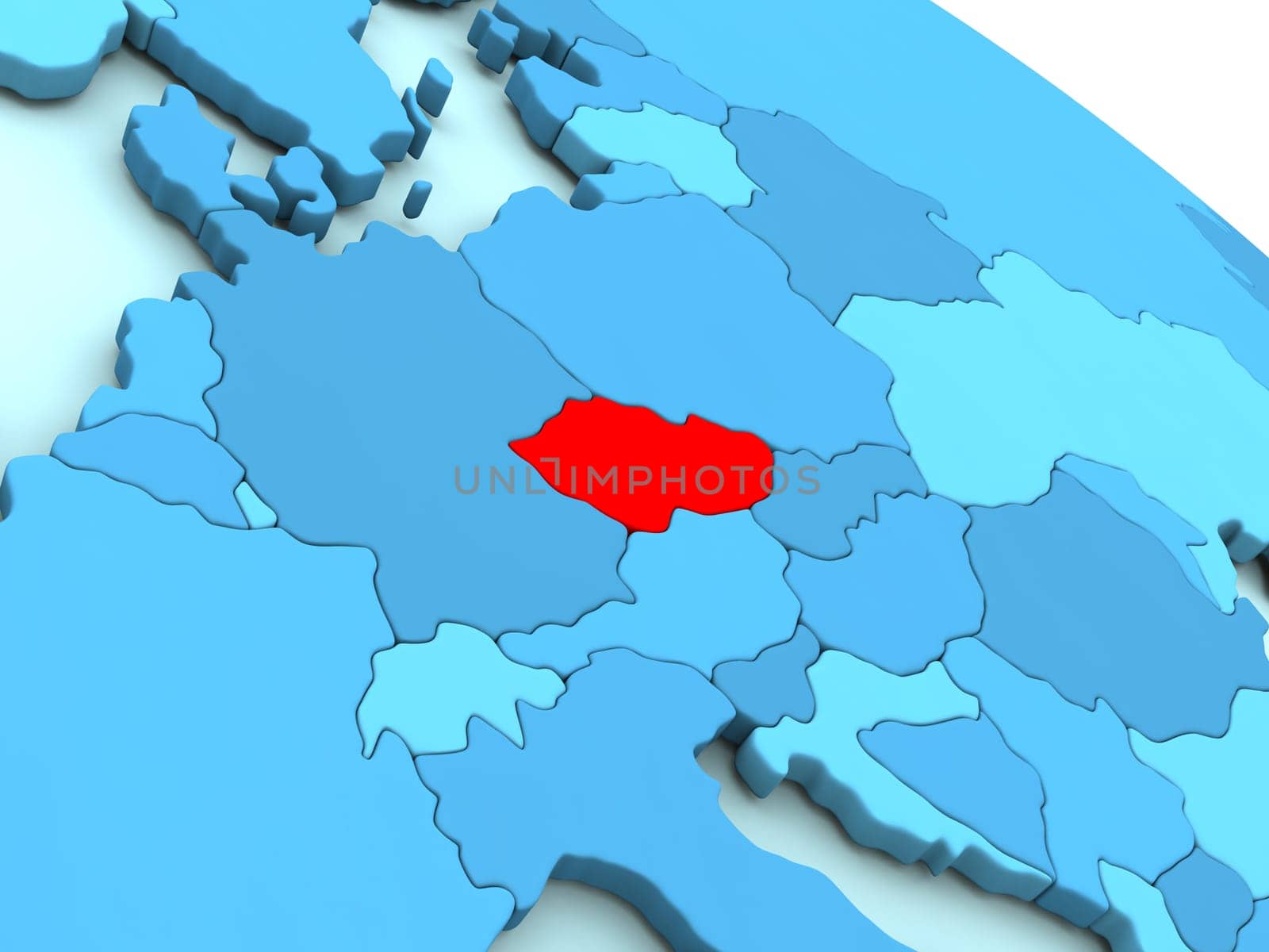 3D illustration of Czech republic highlighted in red color on blue globe