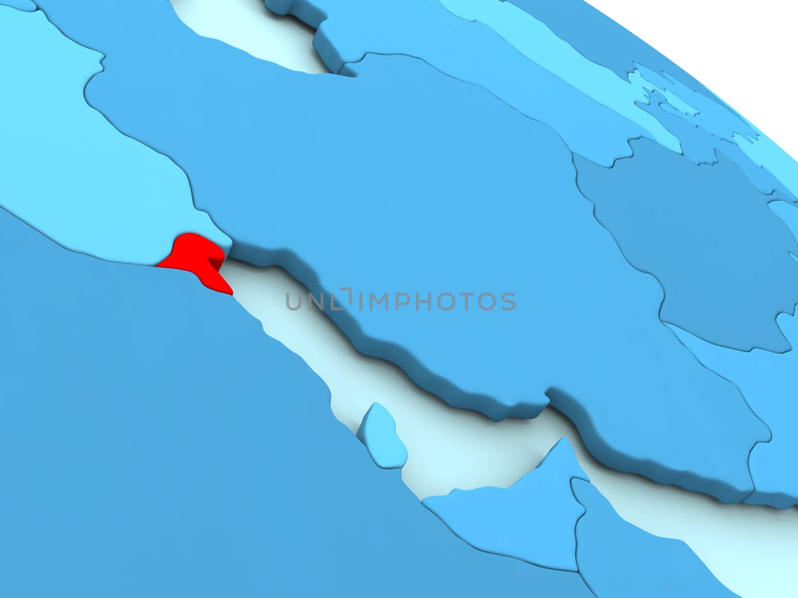 3D illustration of Kuwait highlighted in red color on blue globe