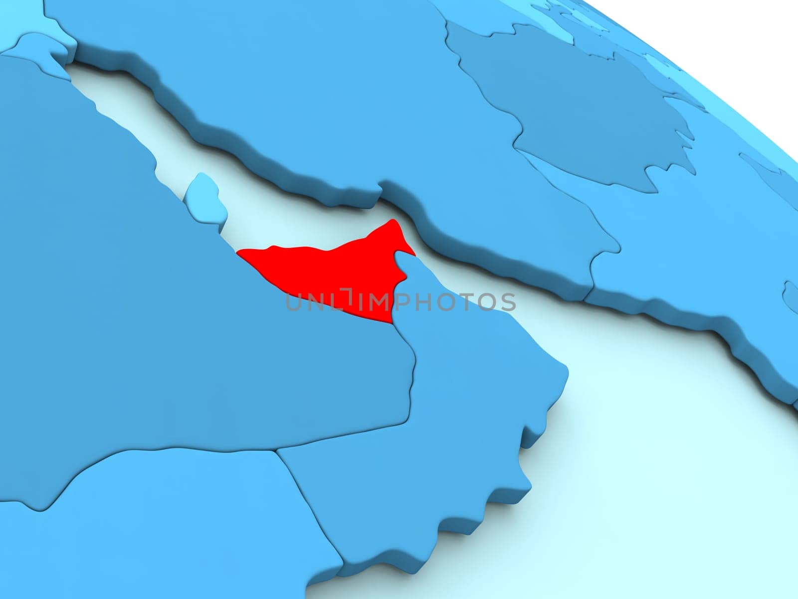 3D illustration of United Arab Emirates highlighted in red color on blue globe