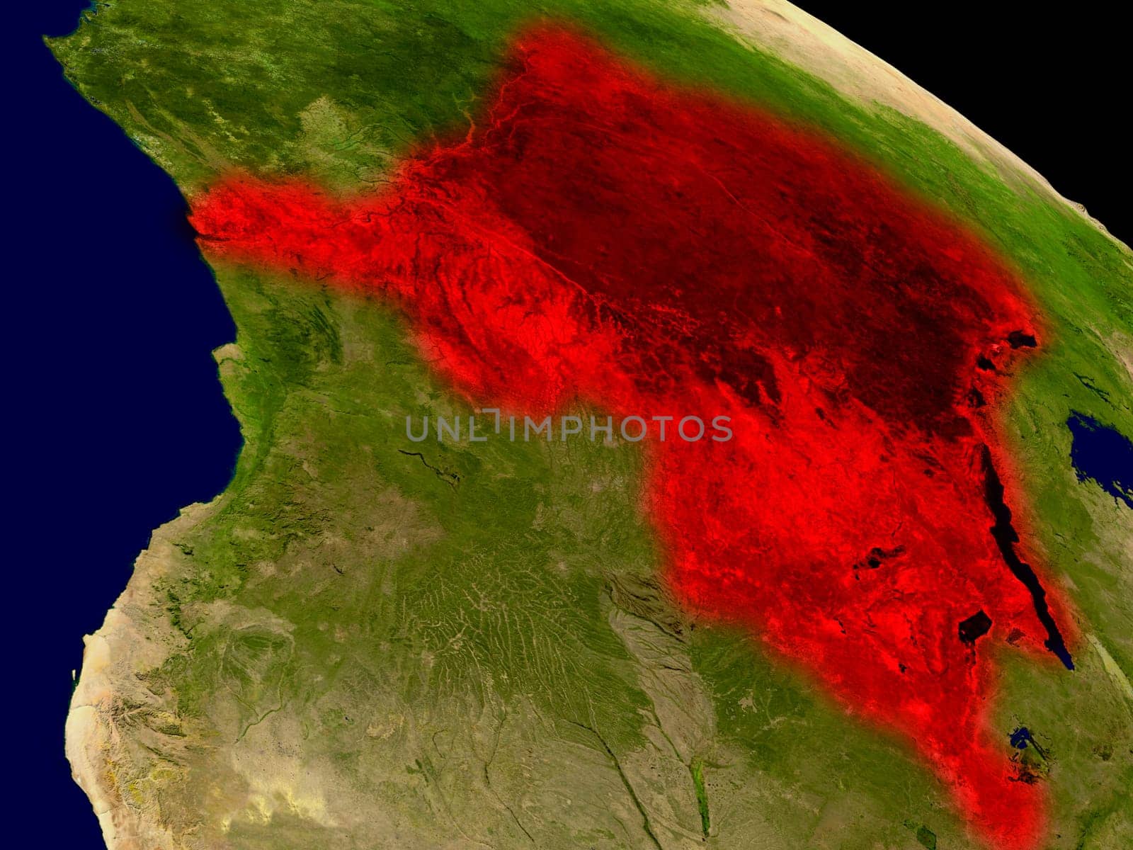 Democratic Republic of Congo from space in red. 3D illustration with highly detailed realistic planet surface. Elements of this image furnished by NASA.