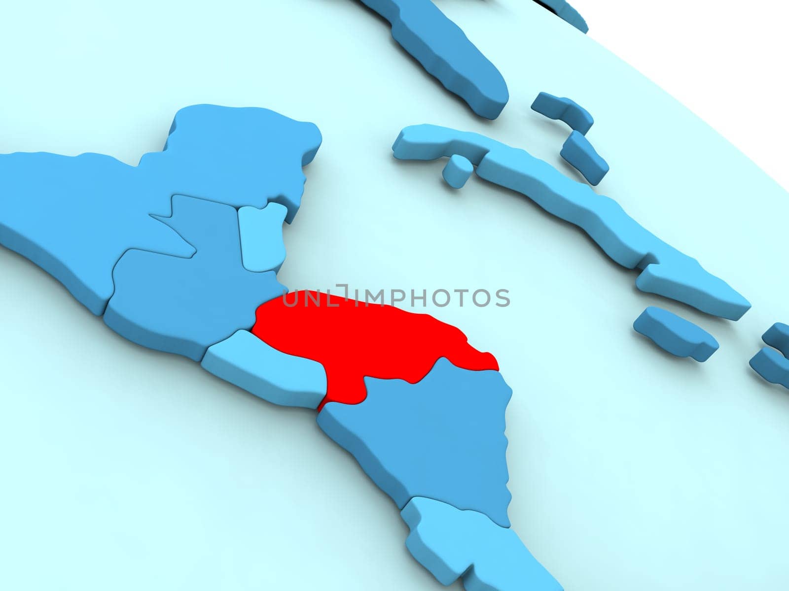 3D illustration of Honduras highlighted in red color on blue globe