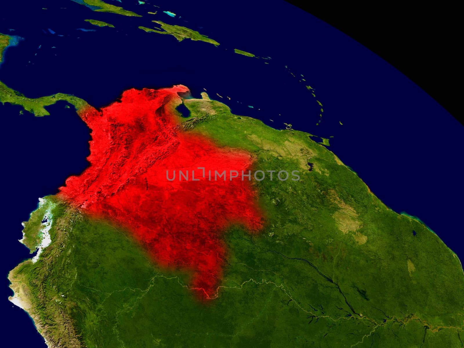 Colombia from space in red. 3D illustration with highly detailed realistic planet surface. Elements of this image furnished by NASA.