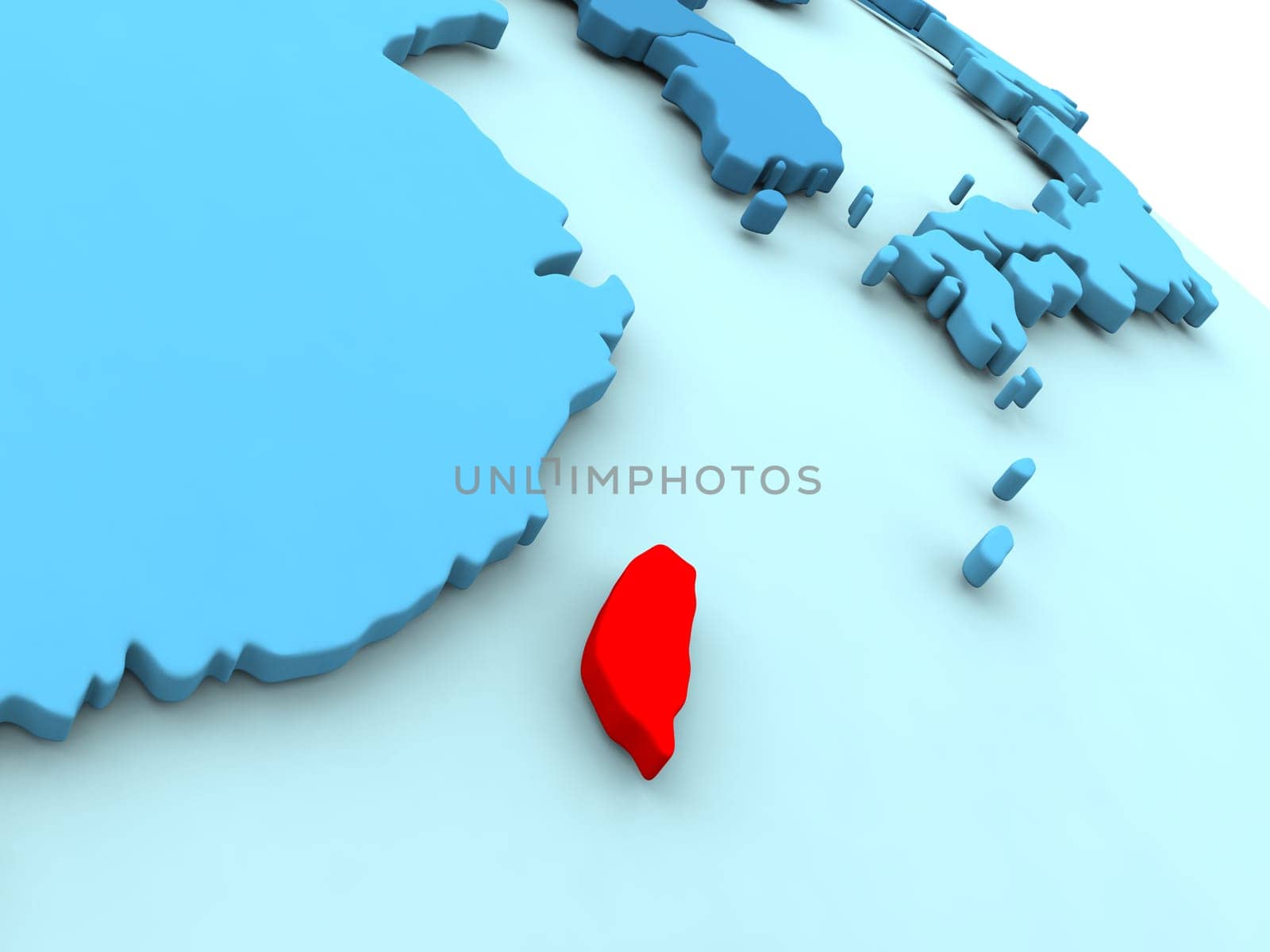 3D illustration of Taiwan highlighted in red color on blue globe
