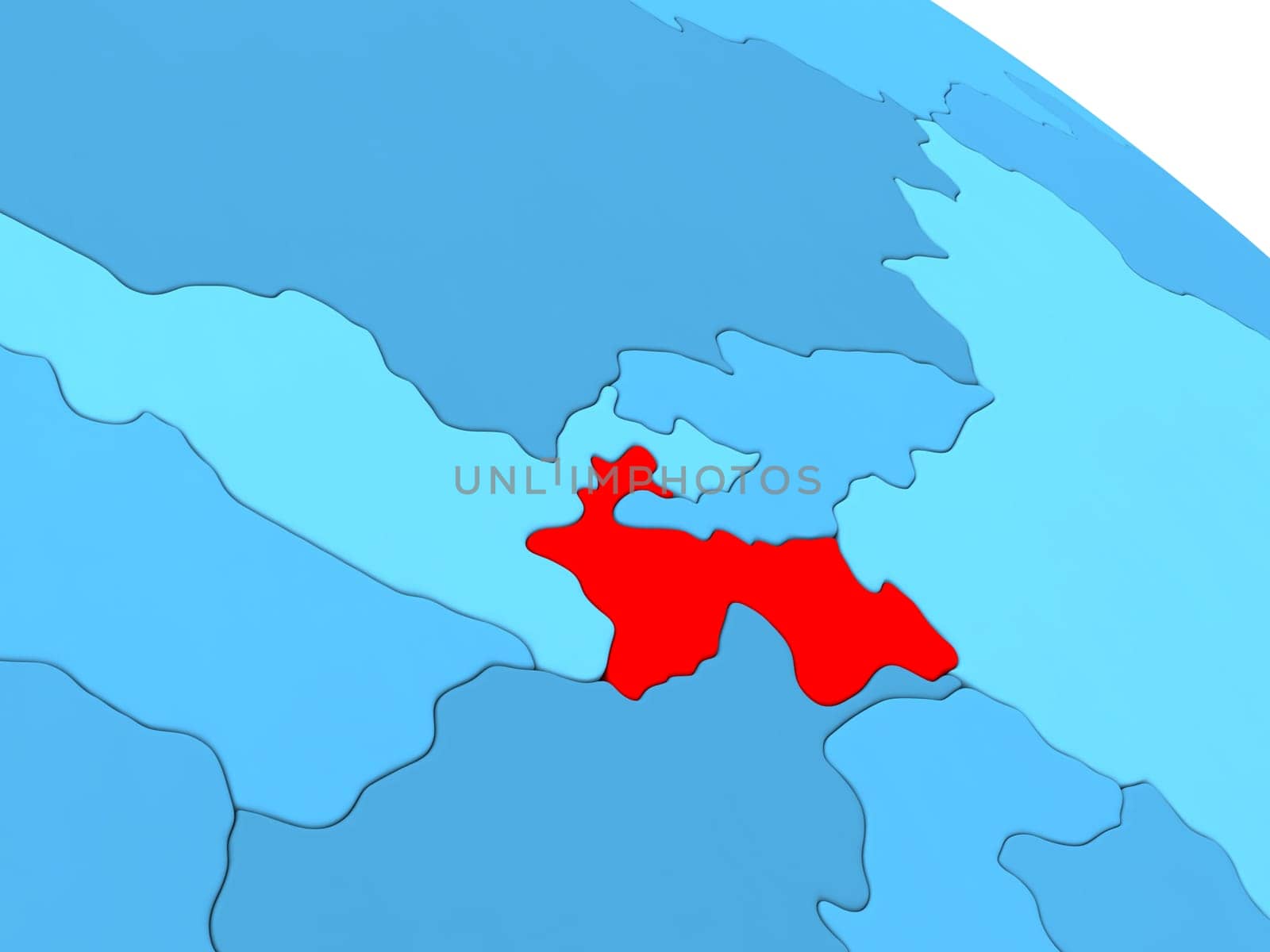 3D illustration of Tajikistan highlighted in red color on blue globe