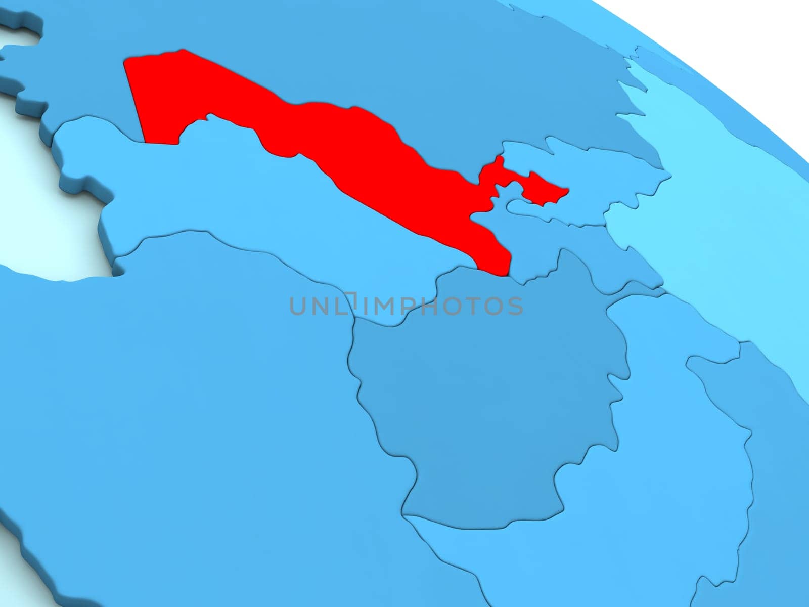 3D illustration of Uzbekistan highlighted in red color on blue globe