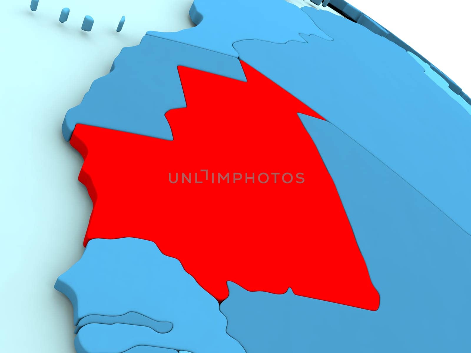 3D illustration of Mauritania highlighted in red color on blue globe