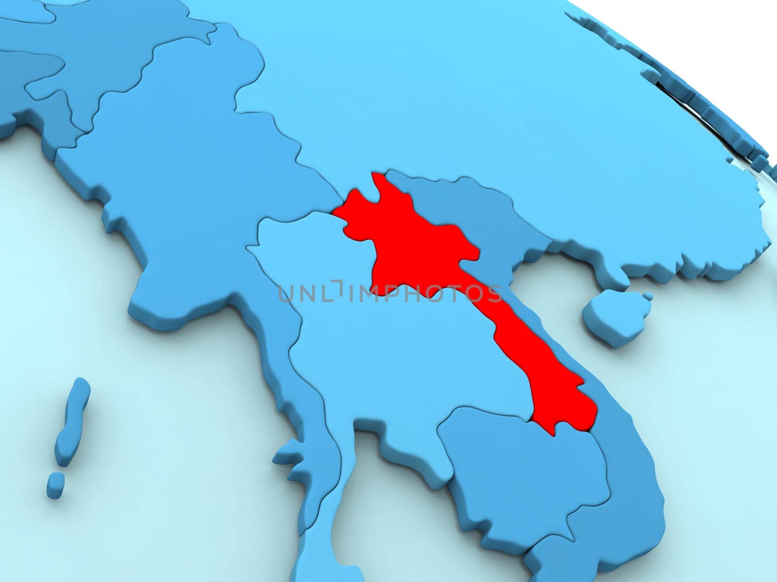 3D illustration of Laos highlighted in red color on blue globe
