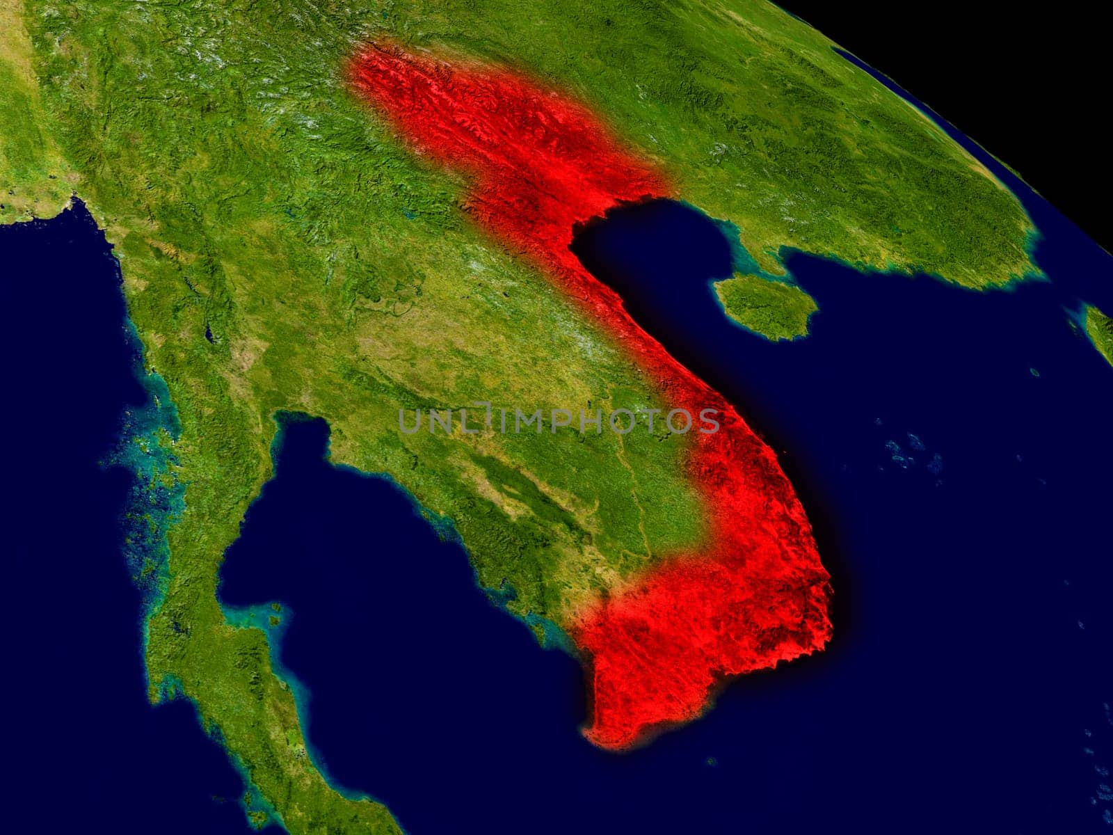 Vietnam from space in red. 3D illustration with highly detailed realistic planet surface. Elements of this image furnished by NASA.