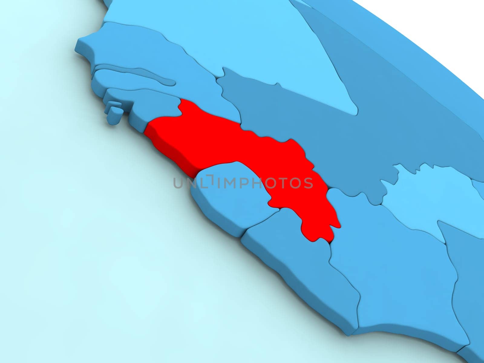 3D illustration of Guinea highlighted in red color on blue globe