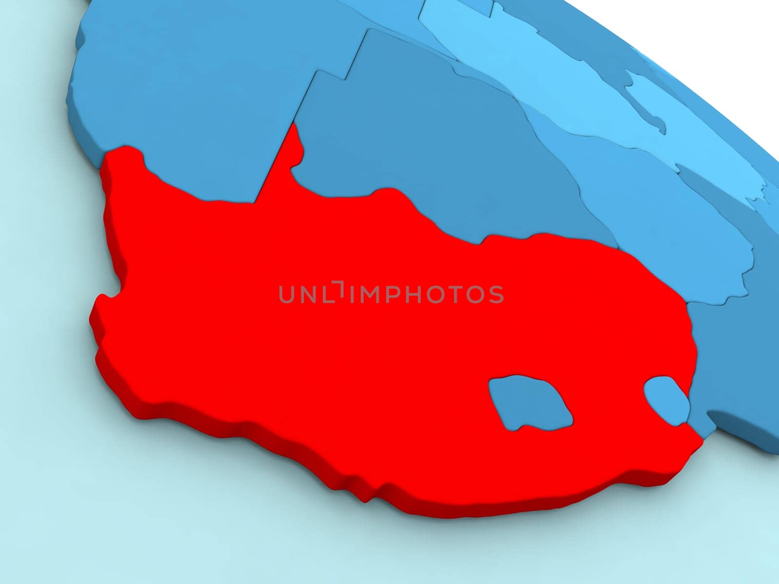 3D illustration of South Africa highlighted in red color on blue globe