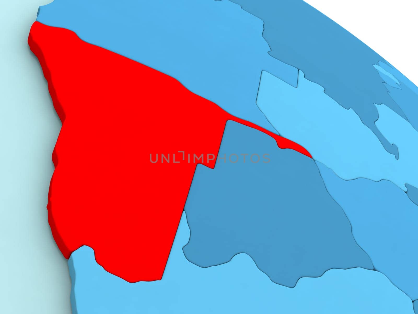 3D illustration of Namibia highlighted in red color on blue globe