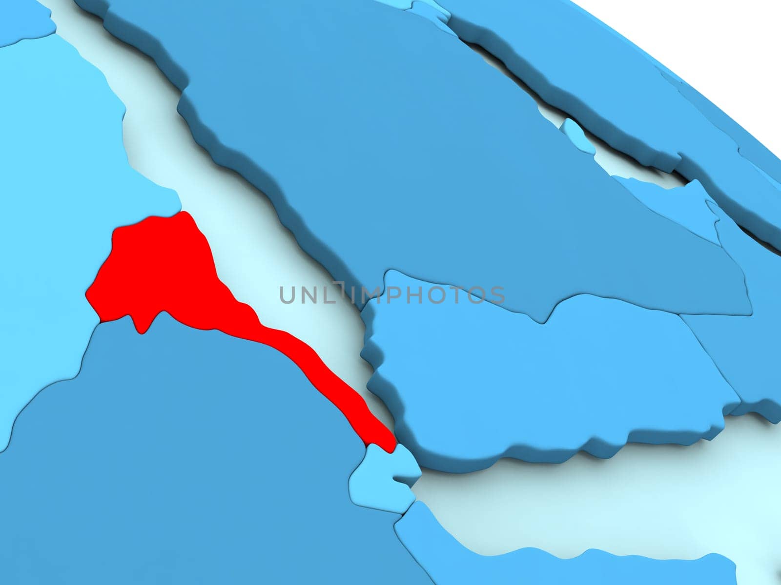 3D illustration of Eritrea highlighted in red color on blue globe