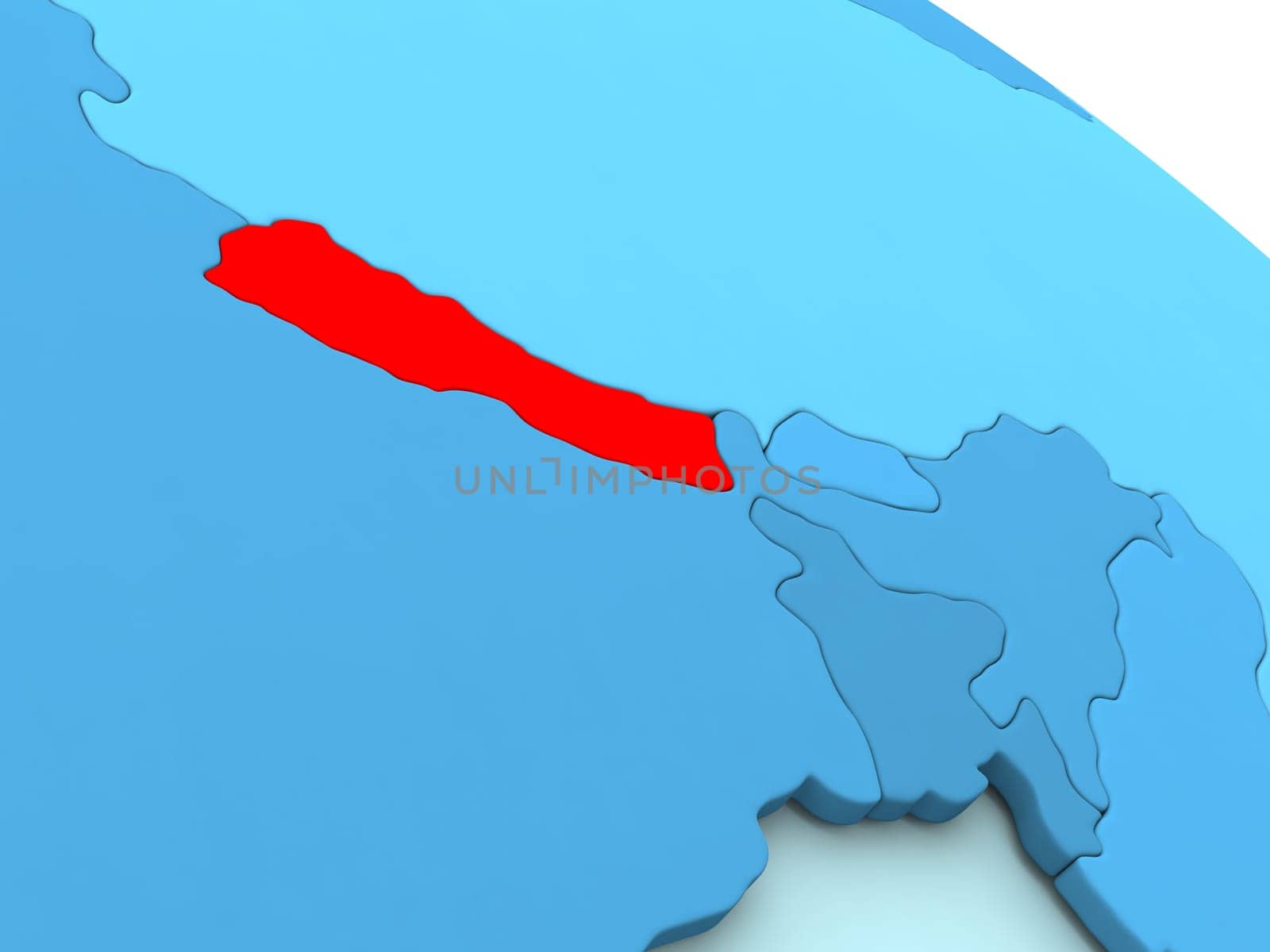 3D illustration of Nepal highlighted in red color on blue globe