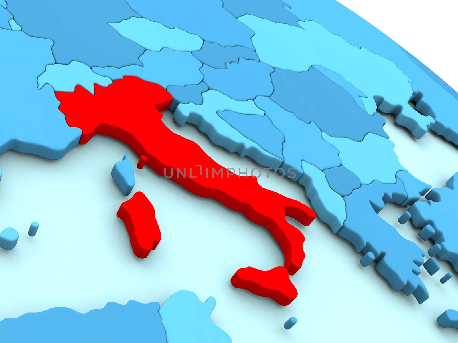3D illustration of Italy highlighted in red color on blue globe