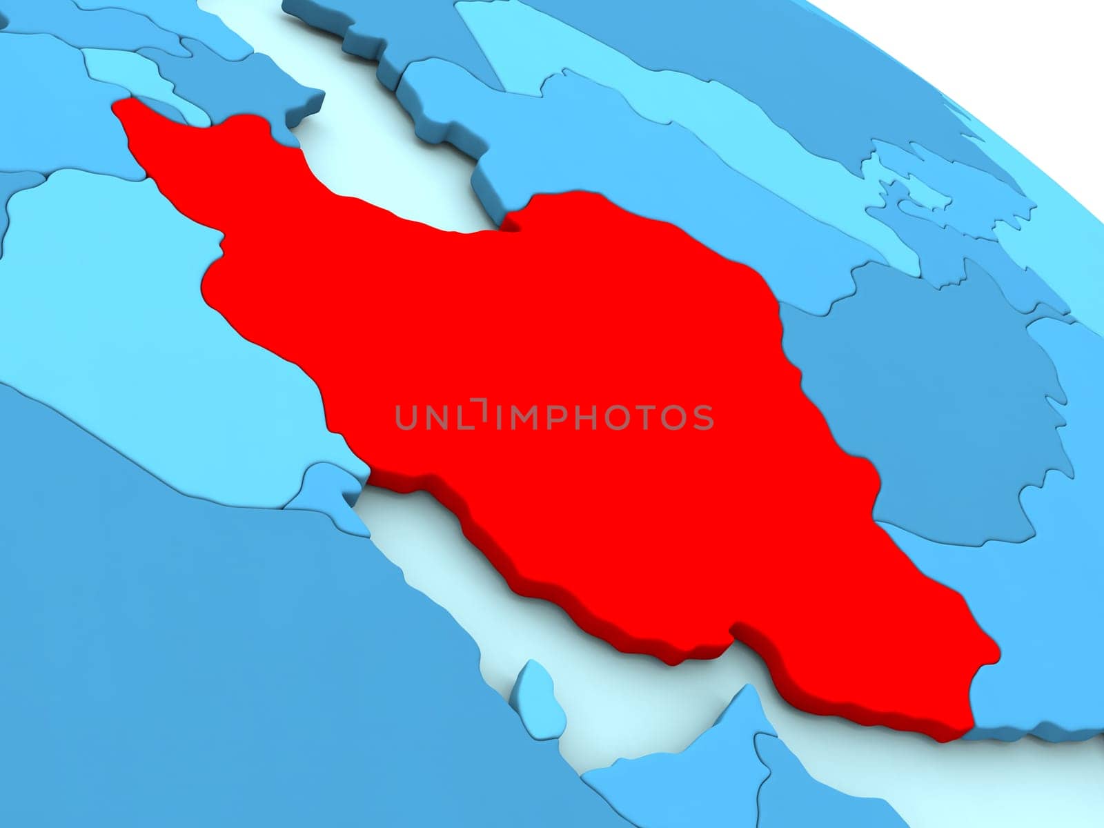 3D illustration of Iran highlighted in red color on blue globe