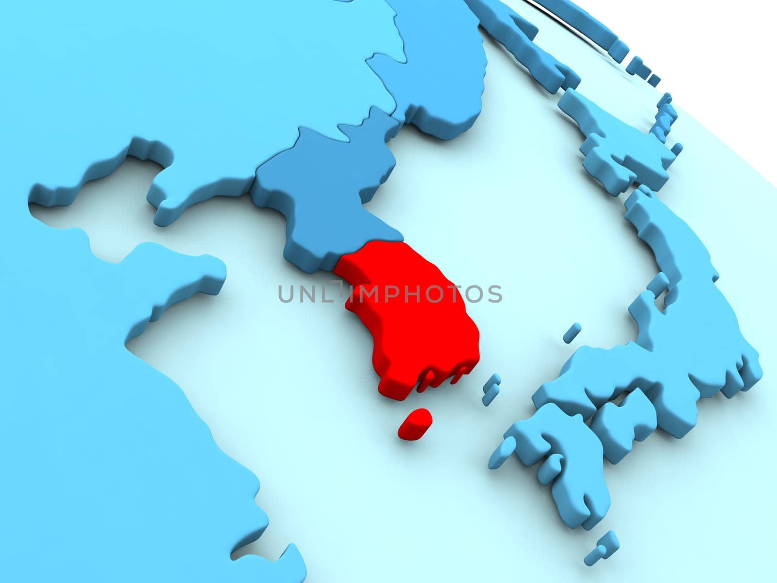 3D illustration of South Korea highlighted in red color on blue globe