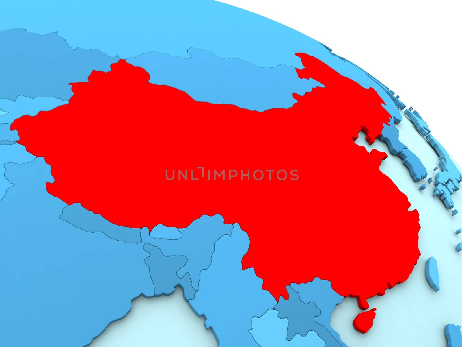 3D illustration of China highlighted in red color on blue globe