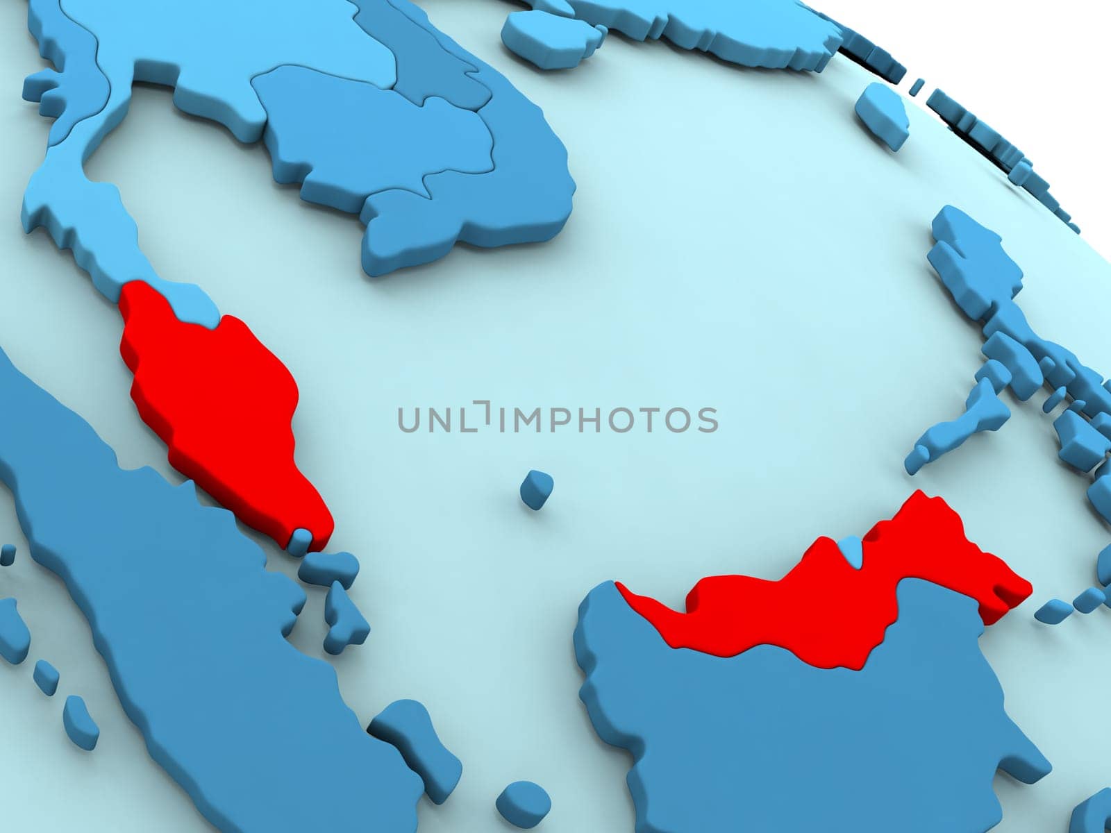 3D illustration of Malaysia highlighted in red color on blue globe