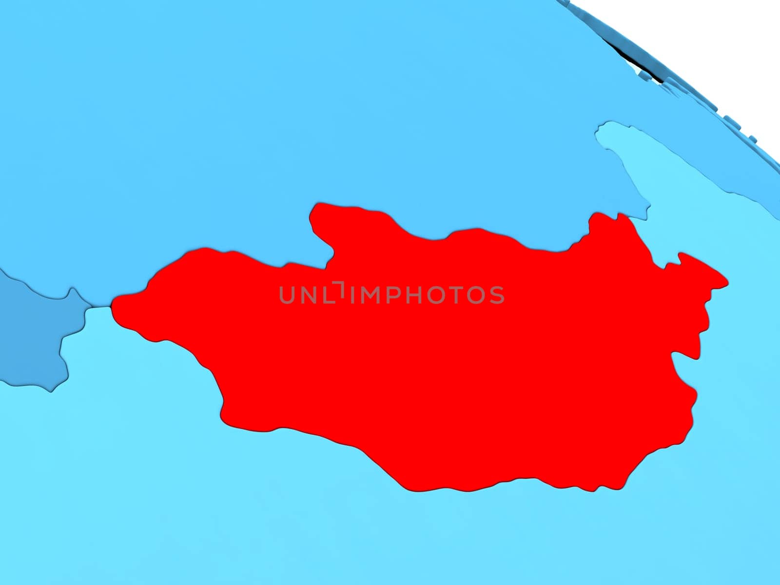 3D illustration of Mongolia highlighted in red color on blue globe