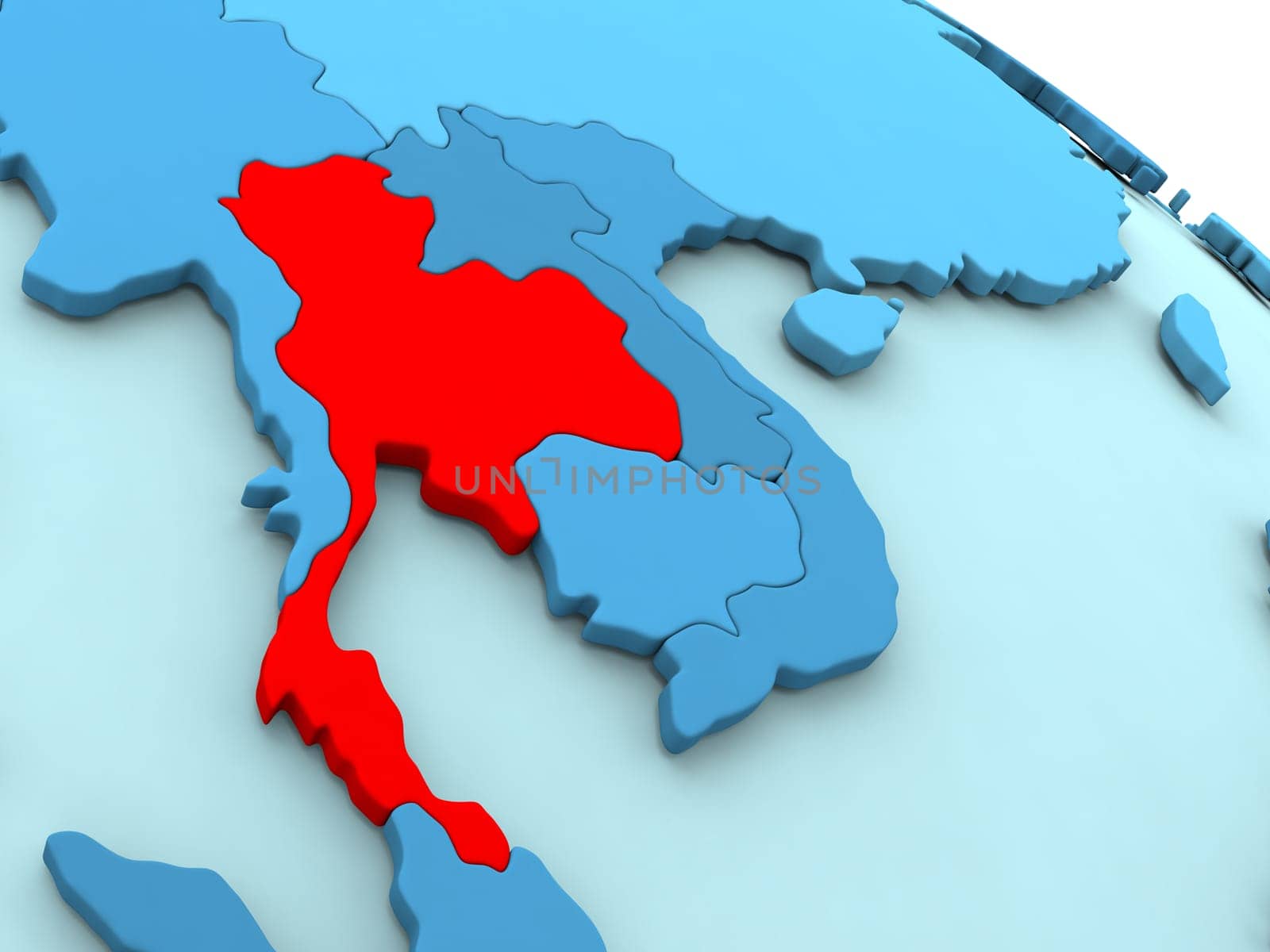 3D illustration of Thailand highlighted in red color on blue globe